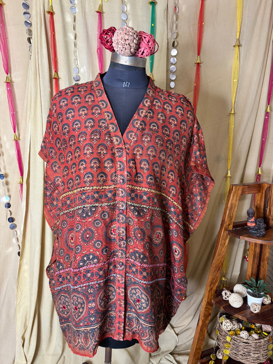 Red Ajrakh Chanderi Shirt Kaftan with Hand Embroidery
