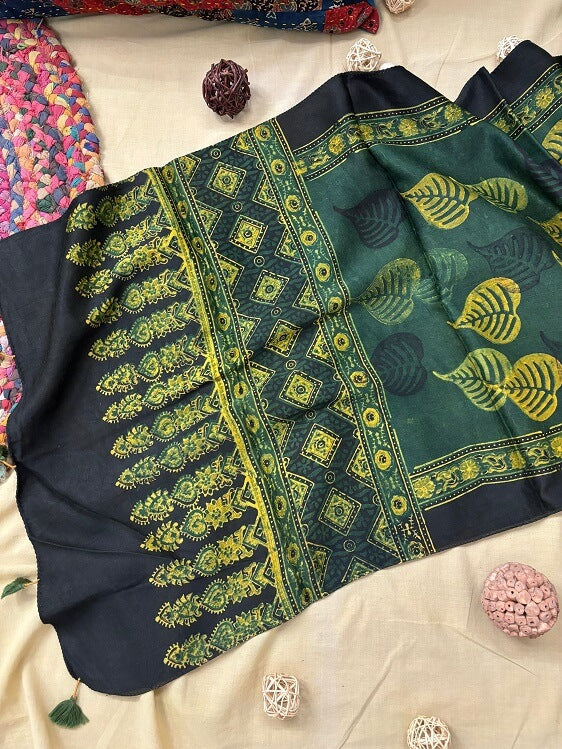 Green Leaf Ajrakh Hand Block Printed Mashru Silk Stole