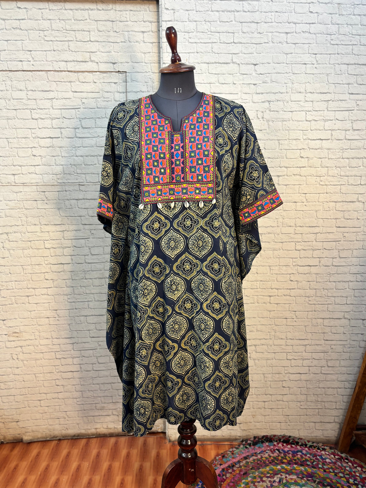 Indigo Green Ajrakh Hand Embroidered Patch Kaftan