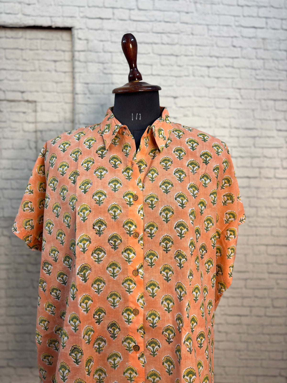 Peach Hand Block Printed Cotton High Low Shirt Kaftan