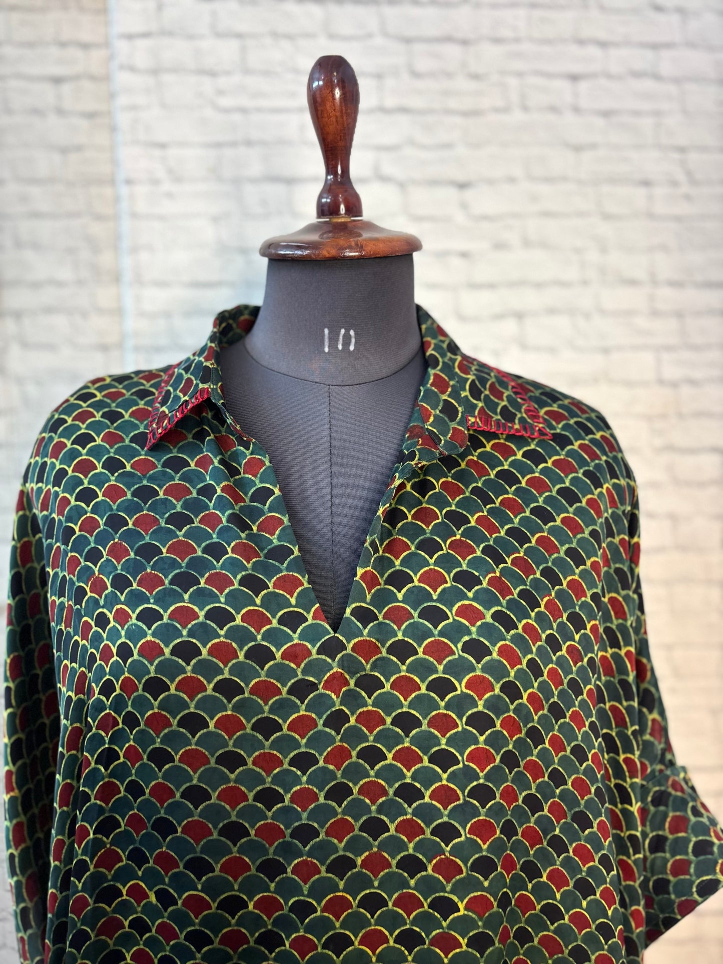 Green Red Fishscale Modal Silk Ajrakh Kaftan Top