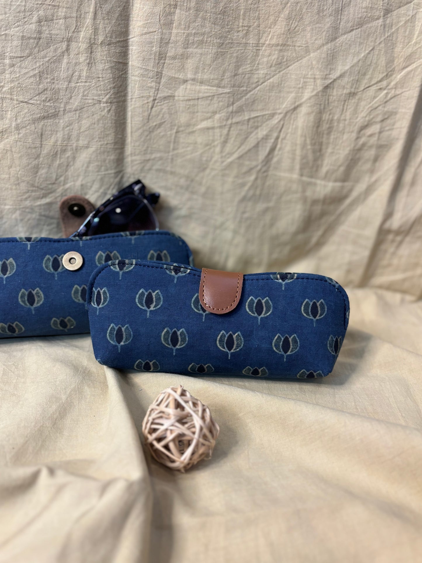 Indigo Green Lotus Ajrakh Hand Block Print Eyewear Case