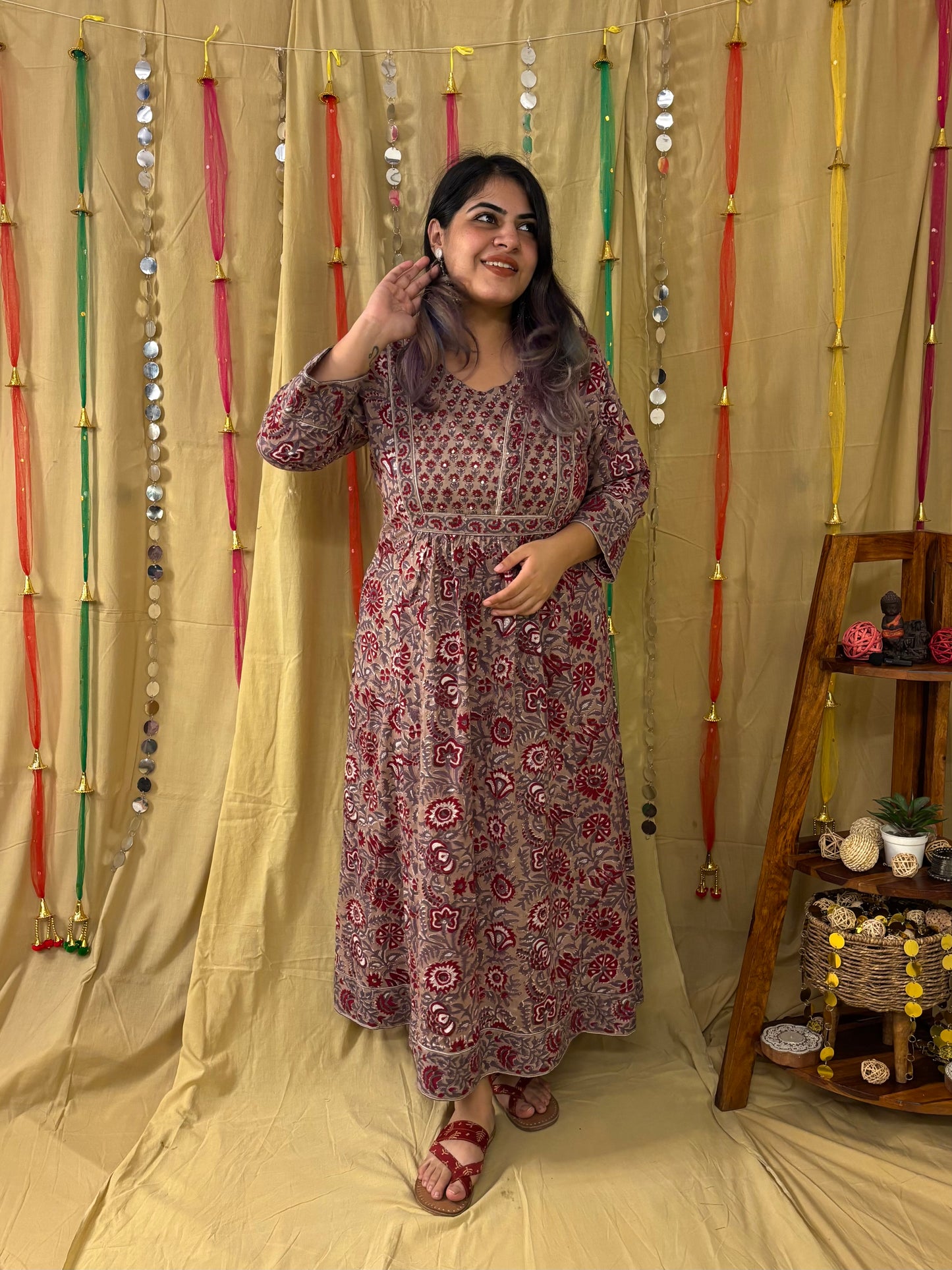 Inayat Hand Block Printed Patch Flared Maxi Dress with Hand Embroidery