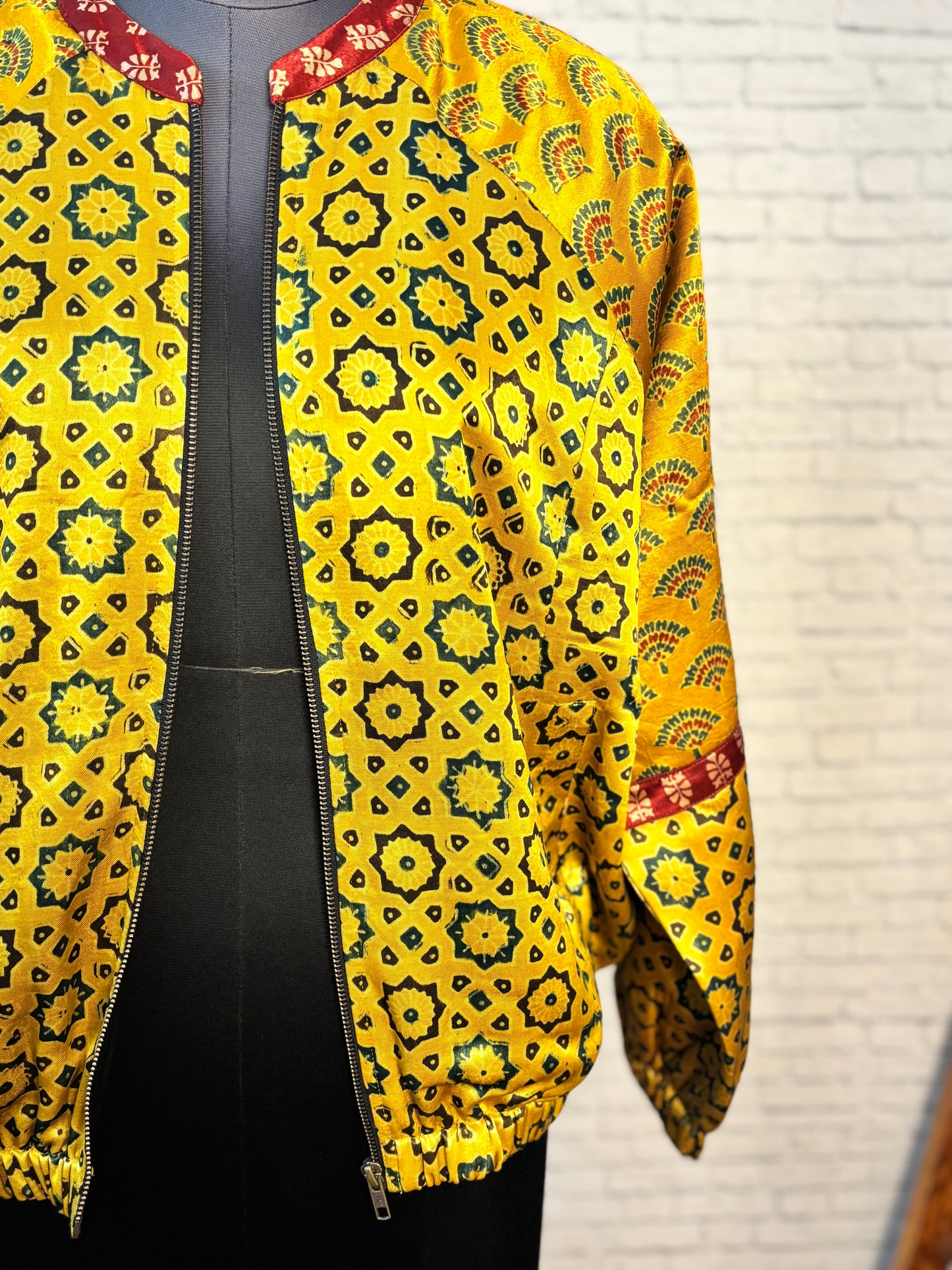 Yellow Mashru Silk Ajrakh Unisex Bomber Jacket