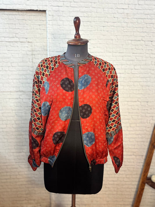 Red Modal Silk Ajrakh Unisex Bomber Jacket