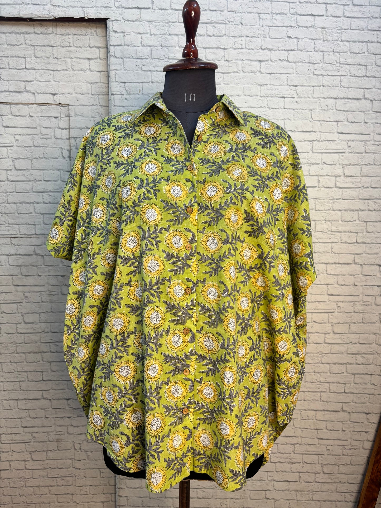 Green Yellow Floral Hand Block Printed Cotton High Low Shirt Kaftan