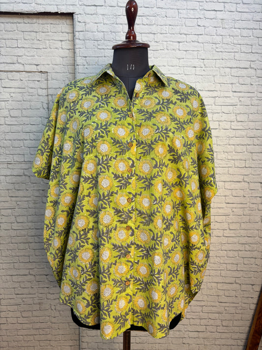 Green Yellow Floral Hand Block Printed Cotton High Low Shirt Kaftan