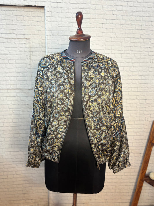Dark Brown Modal Silk Ajrakh Unisex Bomber Jacket