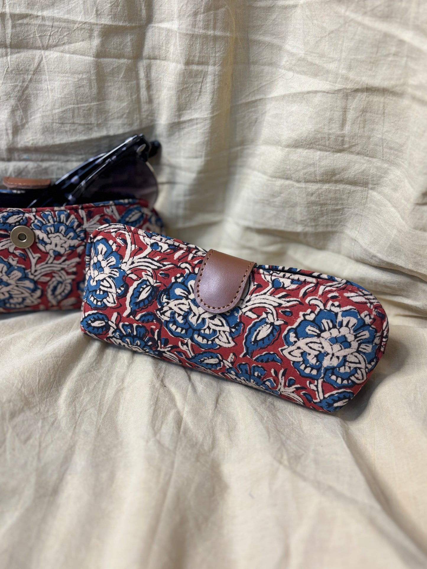 Red Blue Kalamkari Hand Block Print Eyewear Case