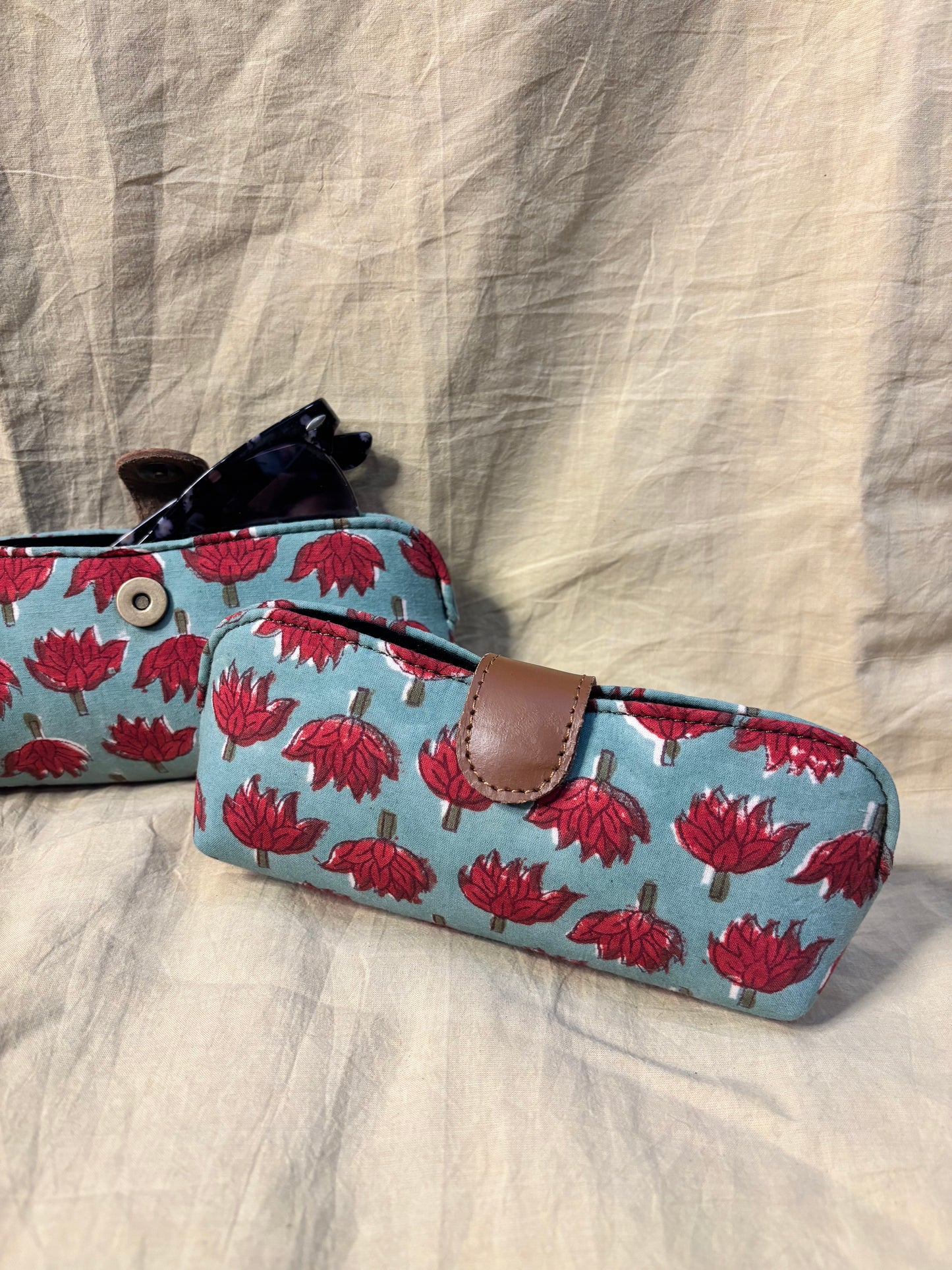 Green Red Hand Block Print Eyewear Case