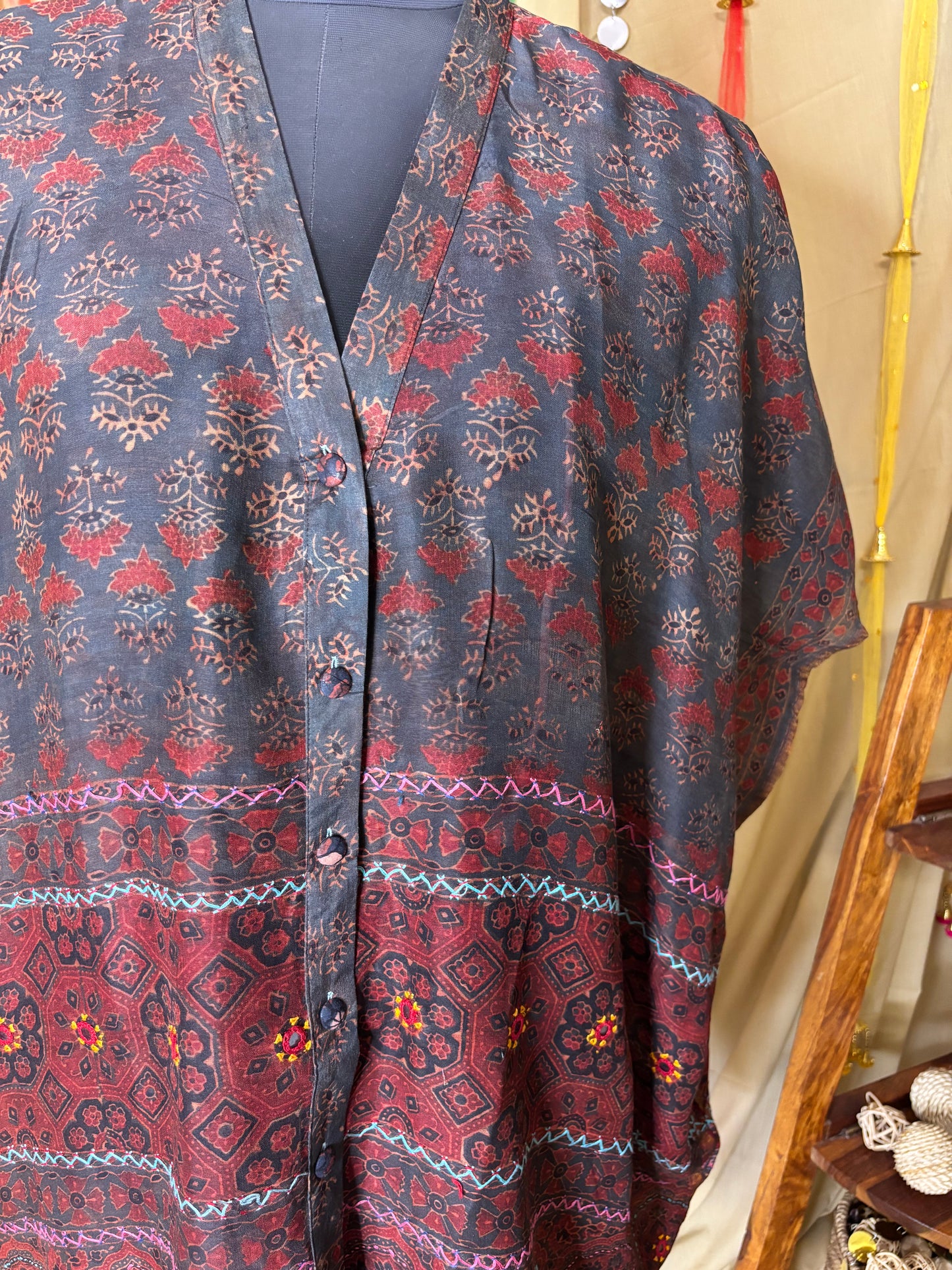 Indigo Red Ajrakh Chanderi Shirt Kaftan with Hand Embroidery