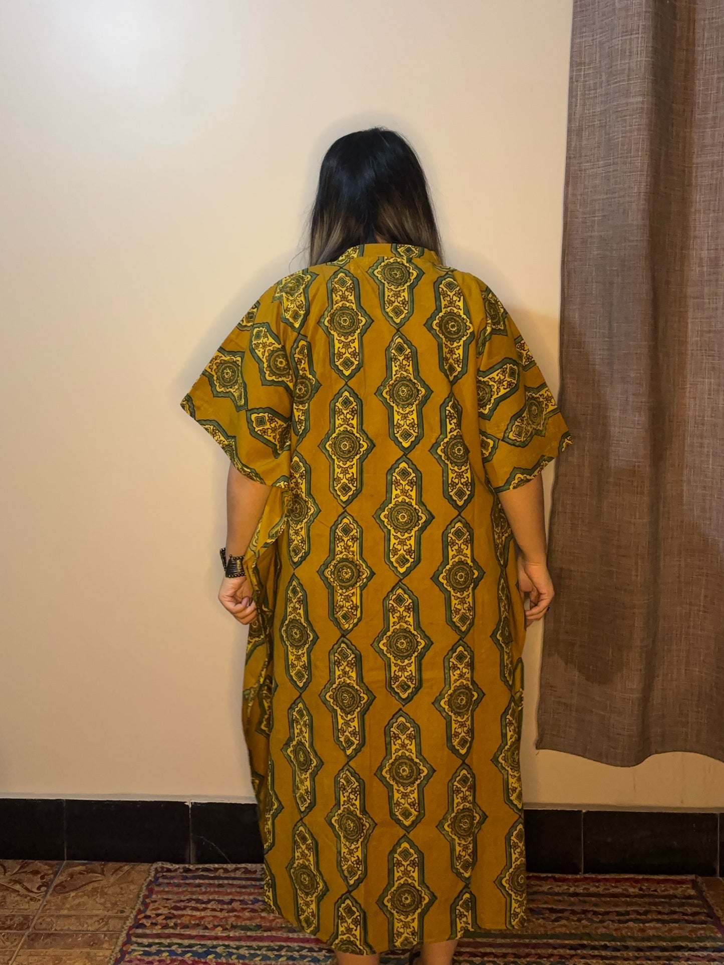 Yellow High Low Ajrakh Midi Cotton Shirt Kaftan