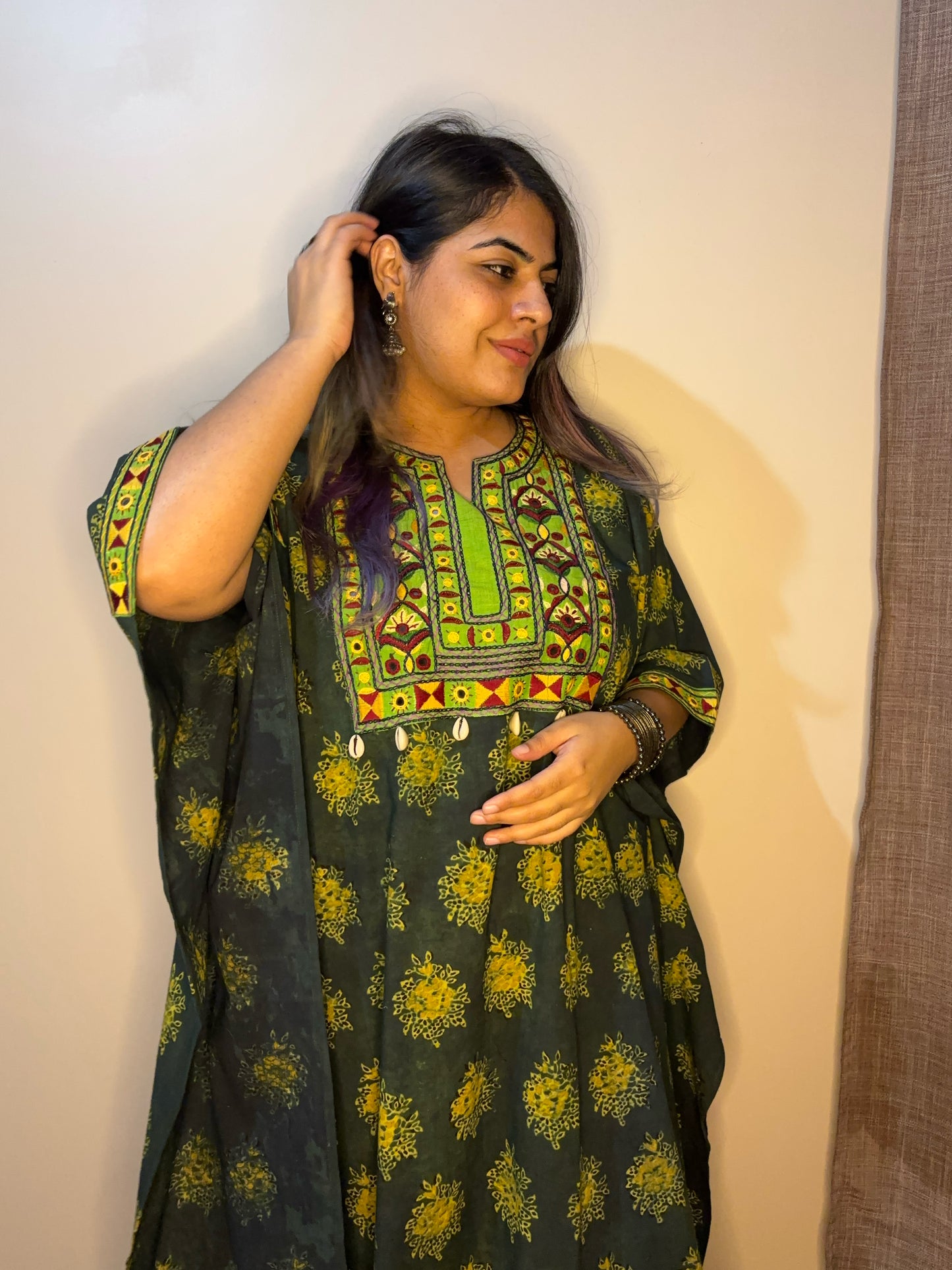 Green Ajrakh Hand Embroidered Patch Kaftan