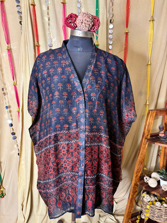 Indigo Red Ajrakh Chanderi Shirt Kaftan with Hand Embroidery