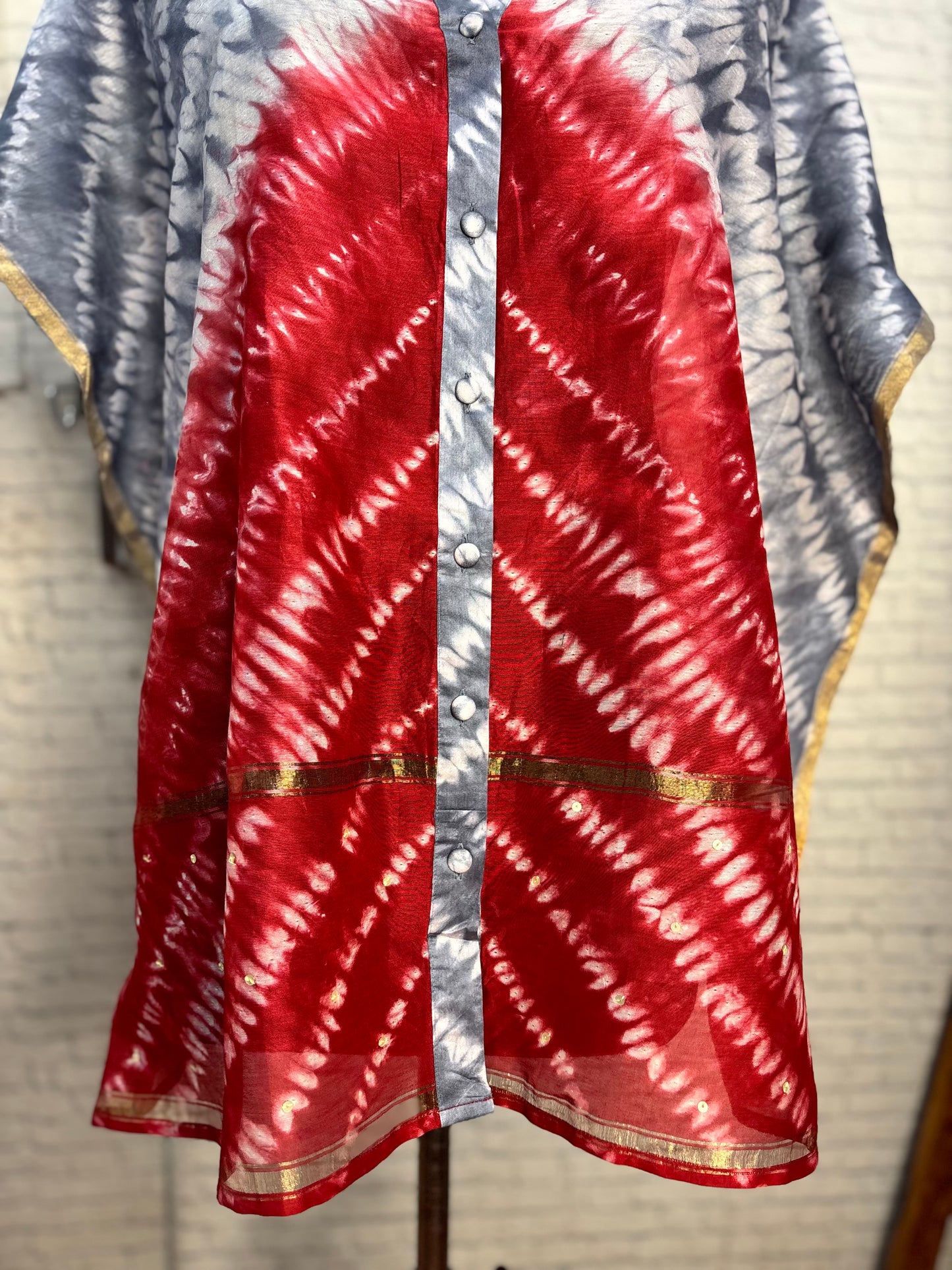 Grey Red Shibori Chanderi Shirt Kaftan with Sequin Detailing