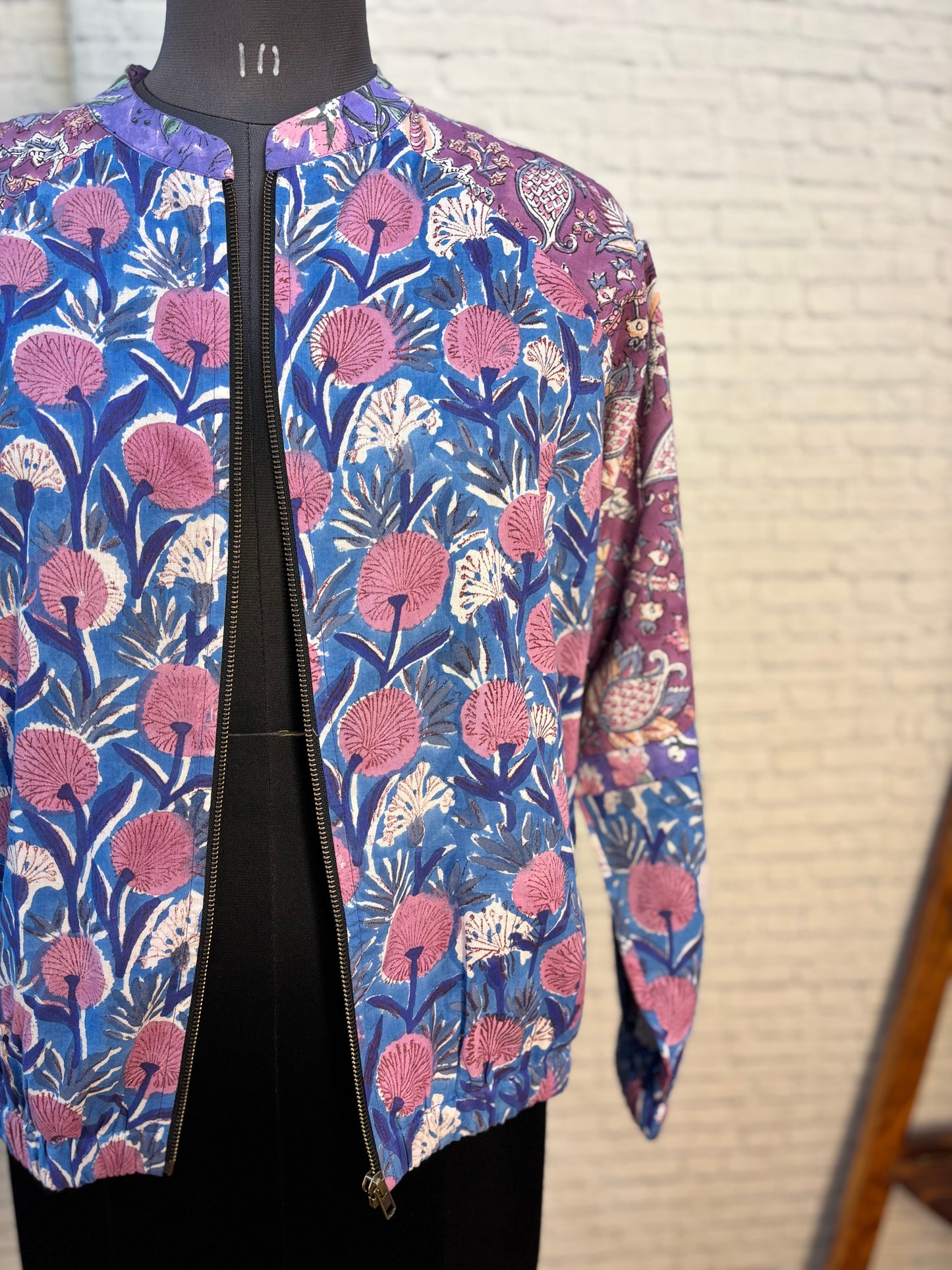 Purple Blue Hand Block Printed Unisex Bomber Jacket