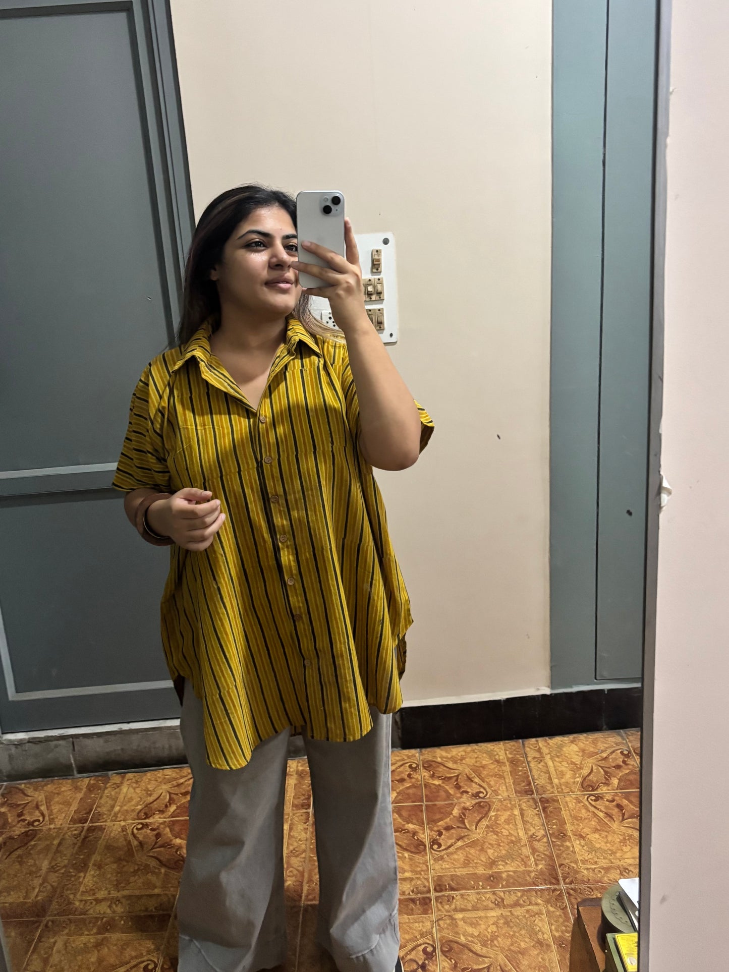 Yellow Stripe Ajrakh Cotton High Low Shirt Kaftan