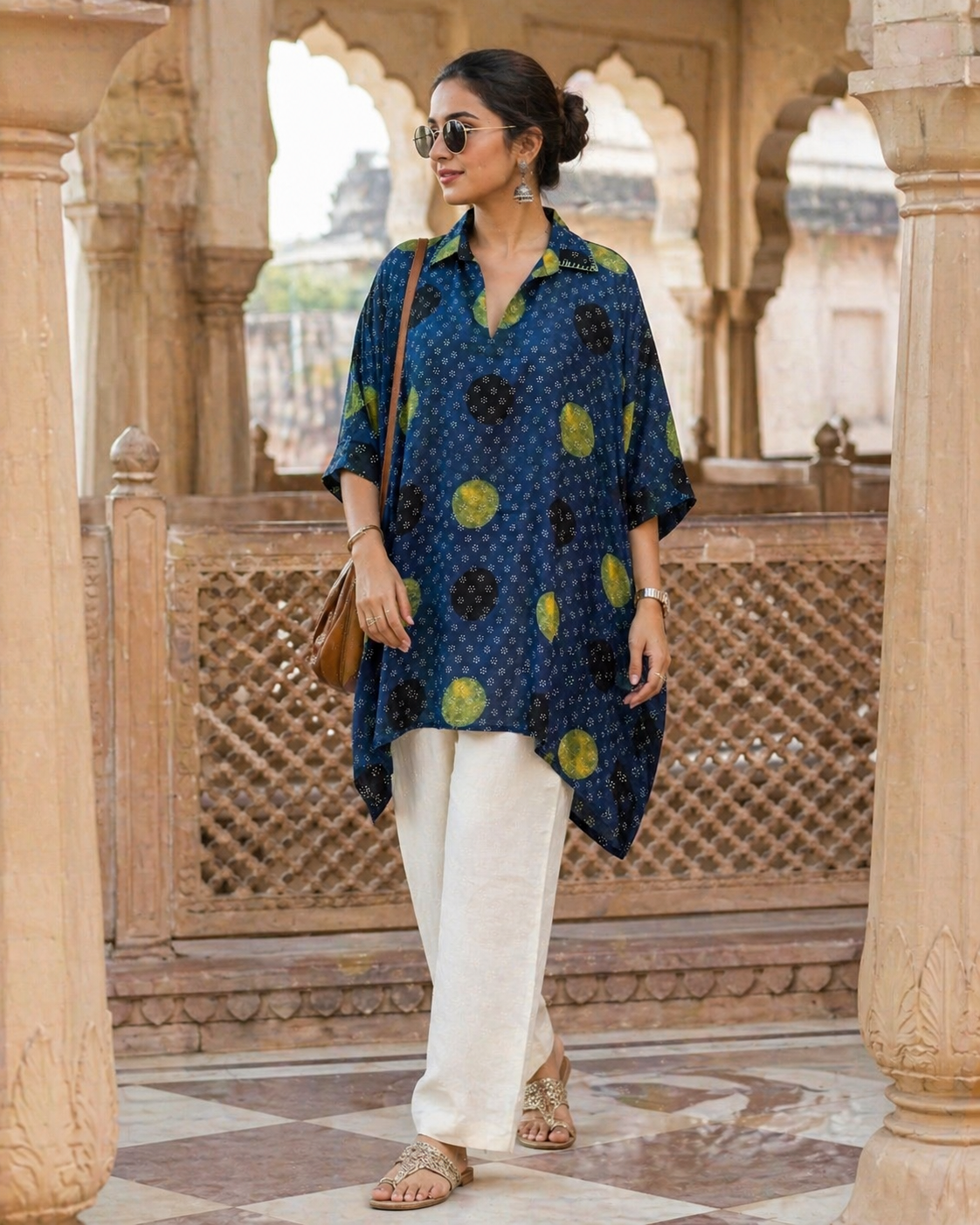 Indigo Green Circles Modal Silk Ajrakh Kaftan Top