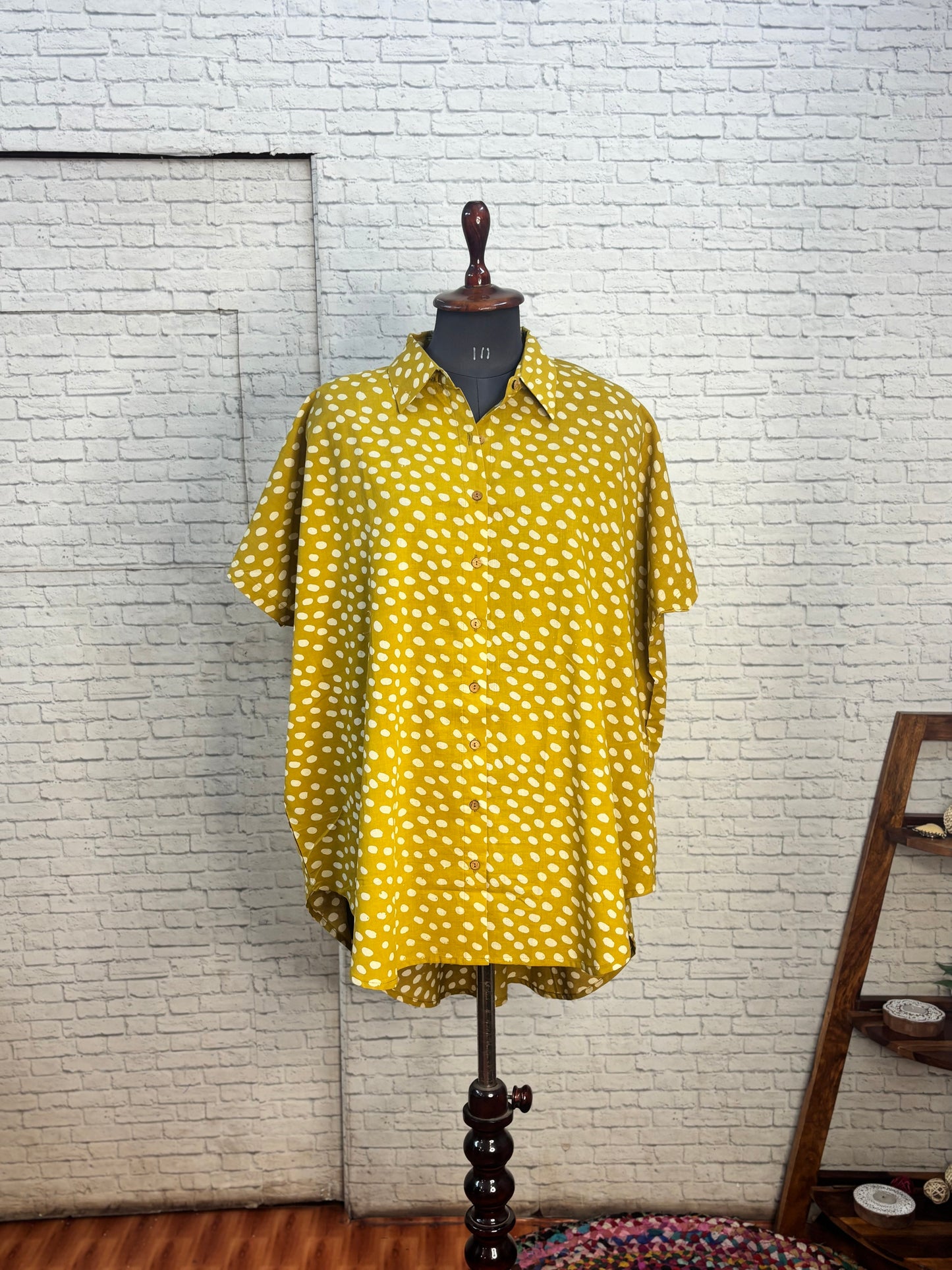 Mustard Polka Dot Cotton High Low Shirt Kaftan