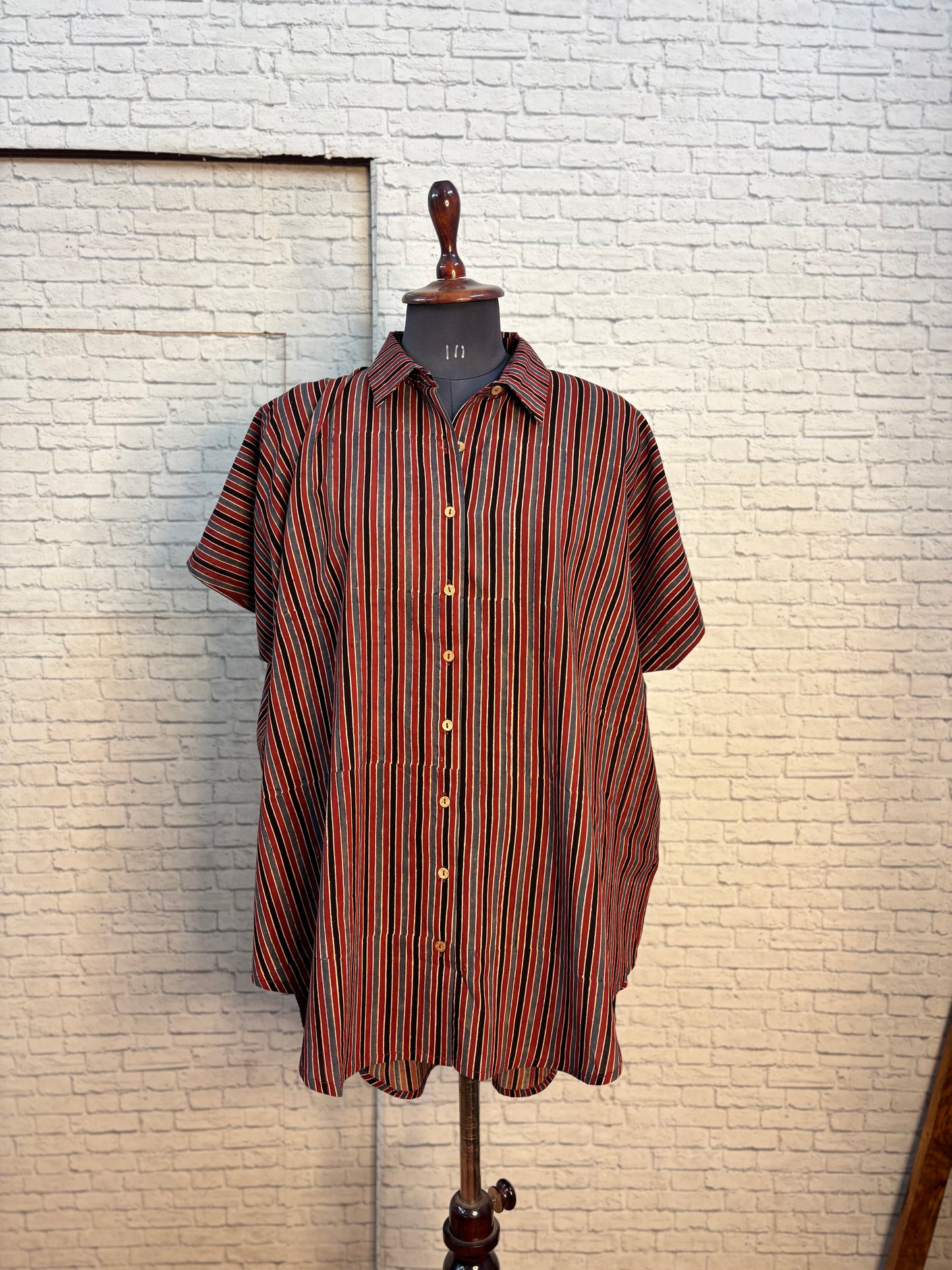 Red Blue Stripes Ajrakh Cotton High Low Shirt Kaftan