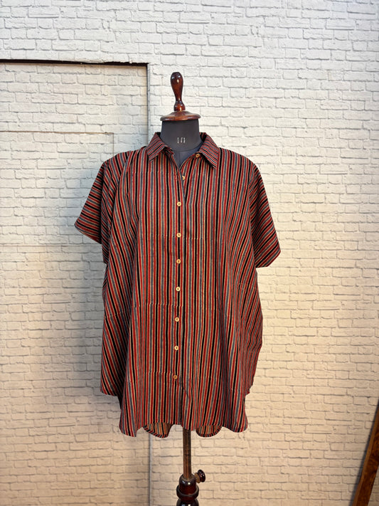 Red Blue Stripes Ajrakh Cotton High Low Shirt Kaftan