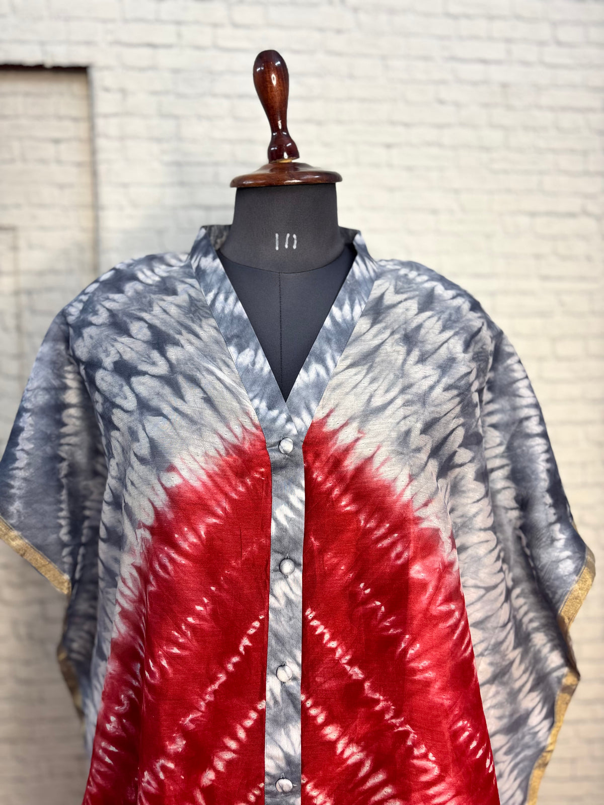 Grey Red Shibori Chanderi Shirt Kaftan with Sequin Detailing