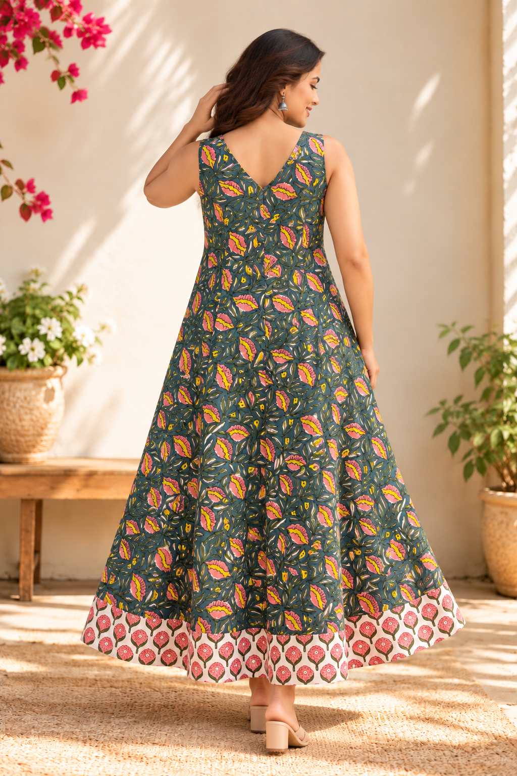 Gulbahaar Sleeveless Hand Block Printed Flared Maxi Dress