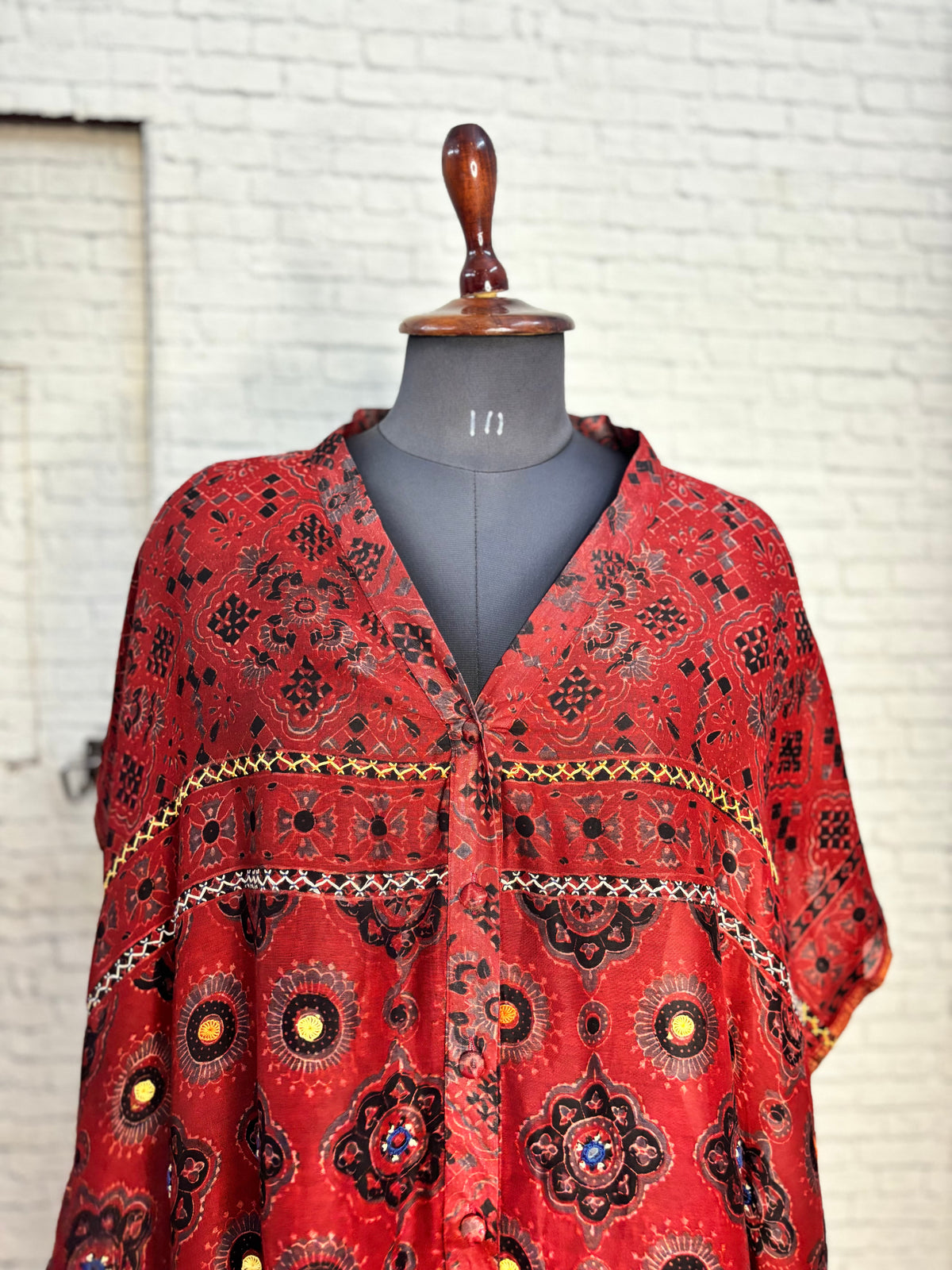 Red Ajrakh Chanderi Shirt Kaftan with Hand Embroidery