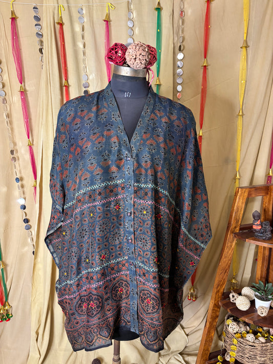 Indigo Red Ajrakh Chanderi Shirt Kaftan with Hand Embroidery
