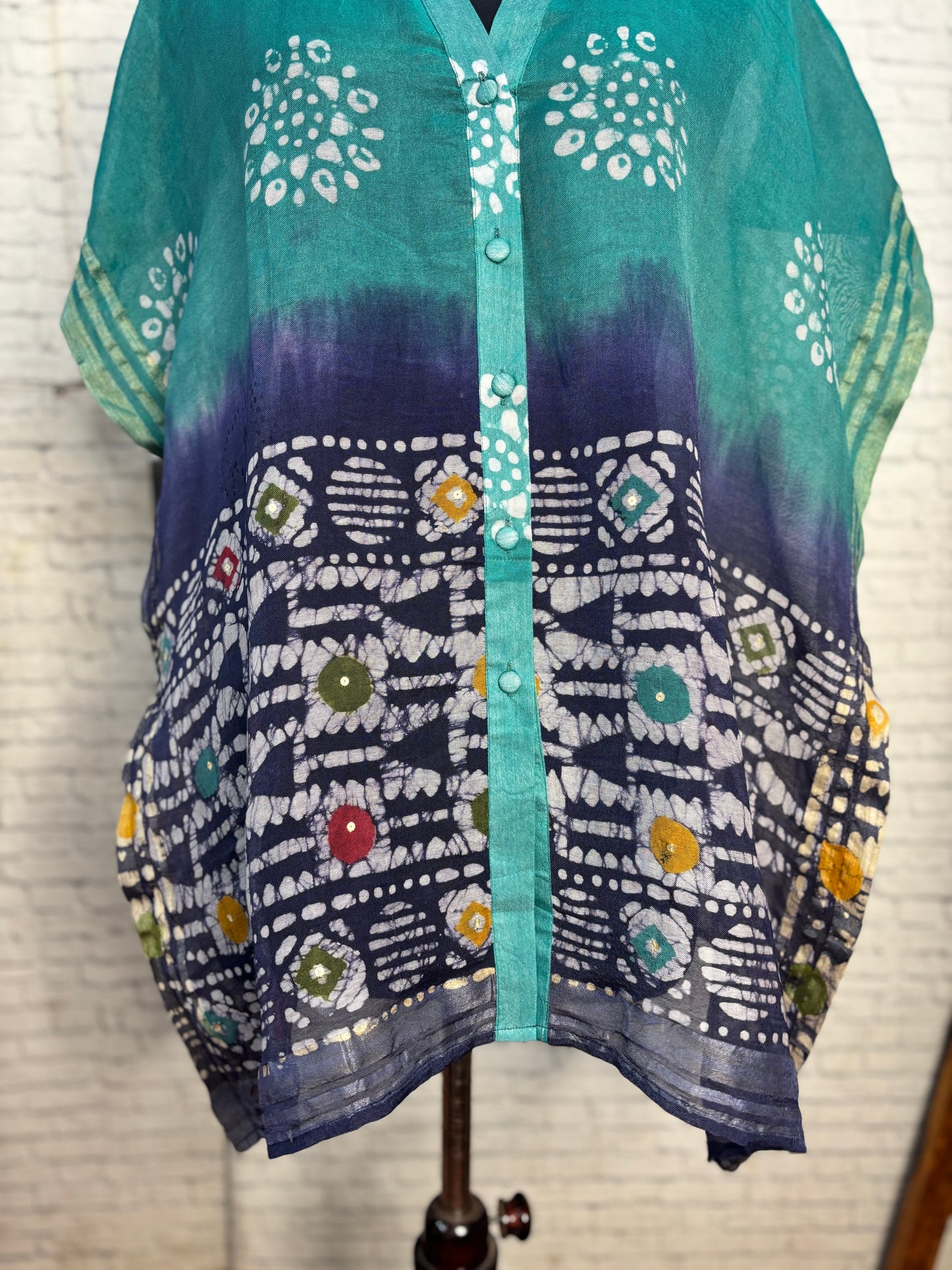 Green Blue Batik Chanderi Shirt Kaftan with Sequin Detailing