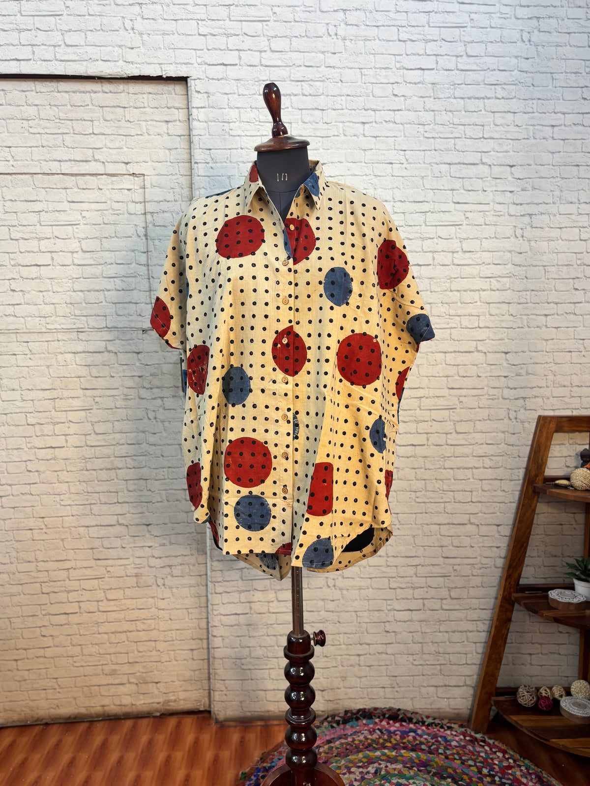 White Ajrakh Dots Hand Block Printed Cotton High Low Shirt Kaftan
