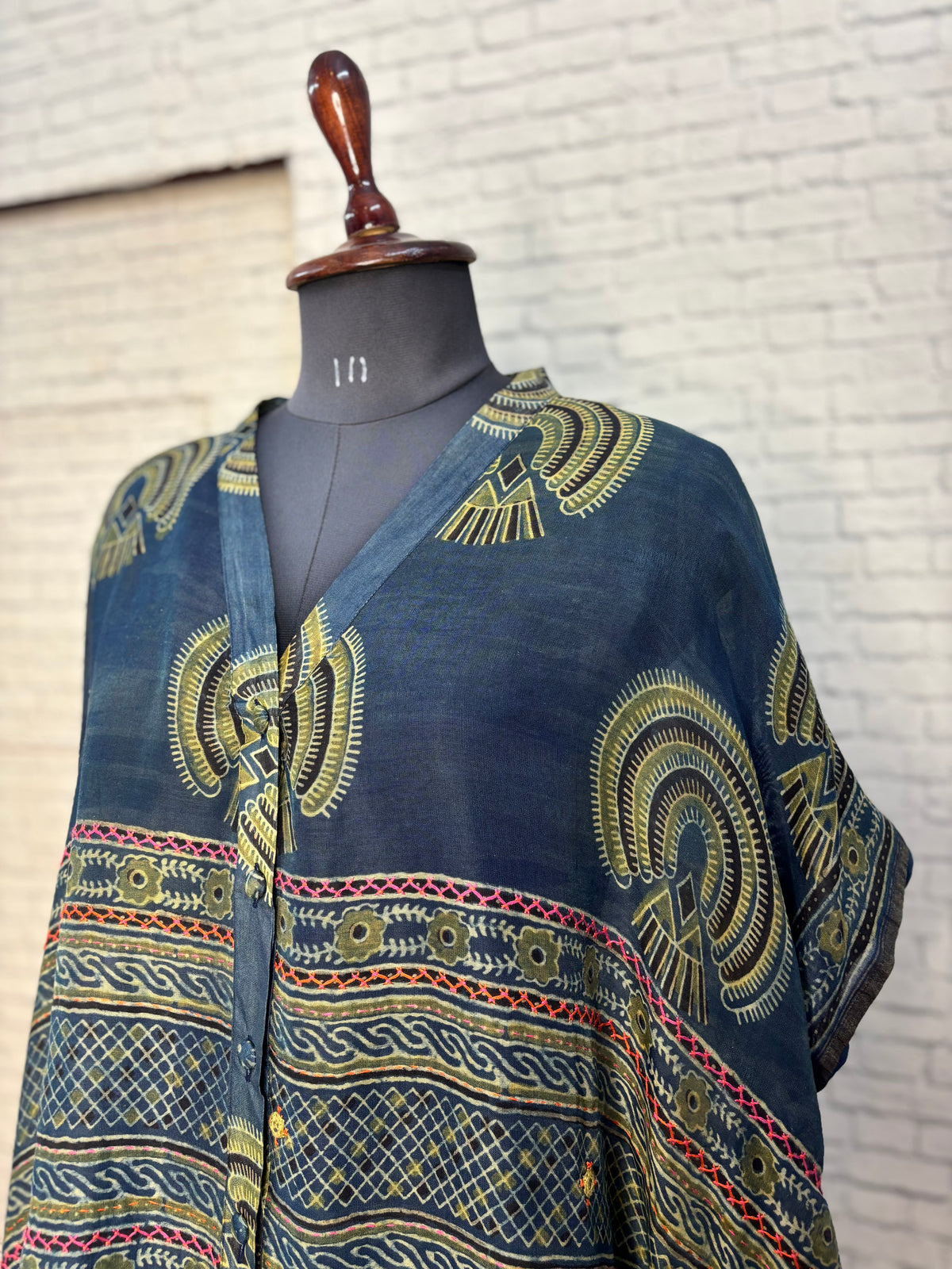 Indigo Green Ajrakh Chanderi Shirt Kaftan with Hand Embroidery