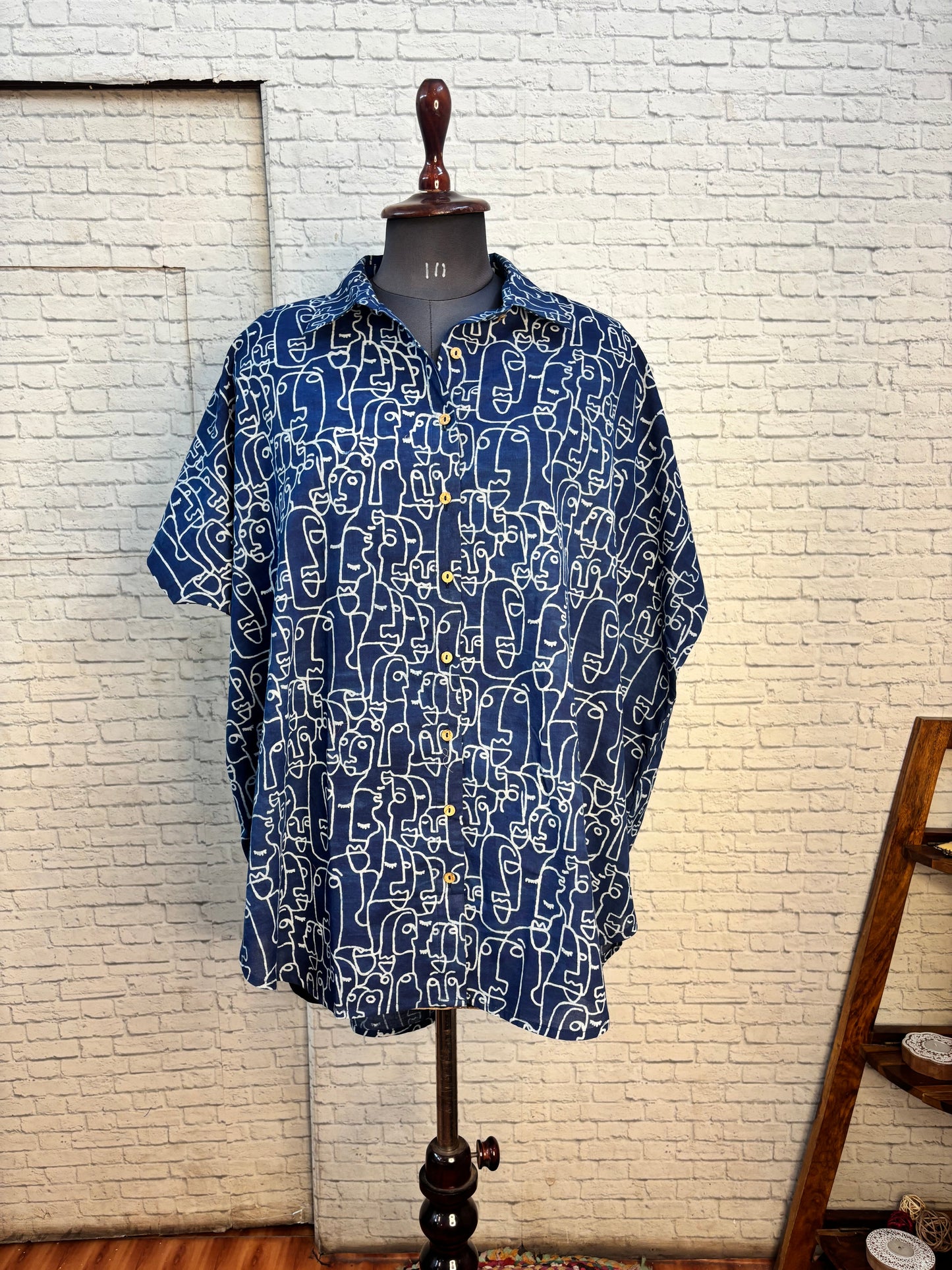 Indigo Faces Hand Block Printed Cotton High Low Shirt Kaftan
