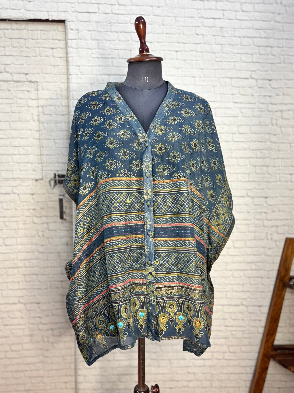 Indigo Green Ajrakh Chanderi Shirt Kaftan with Hand Embroidery