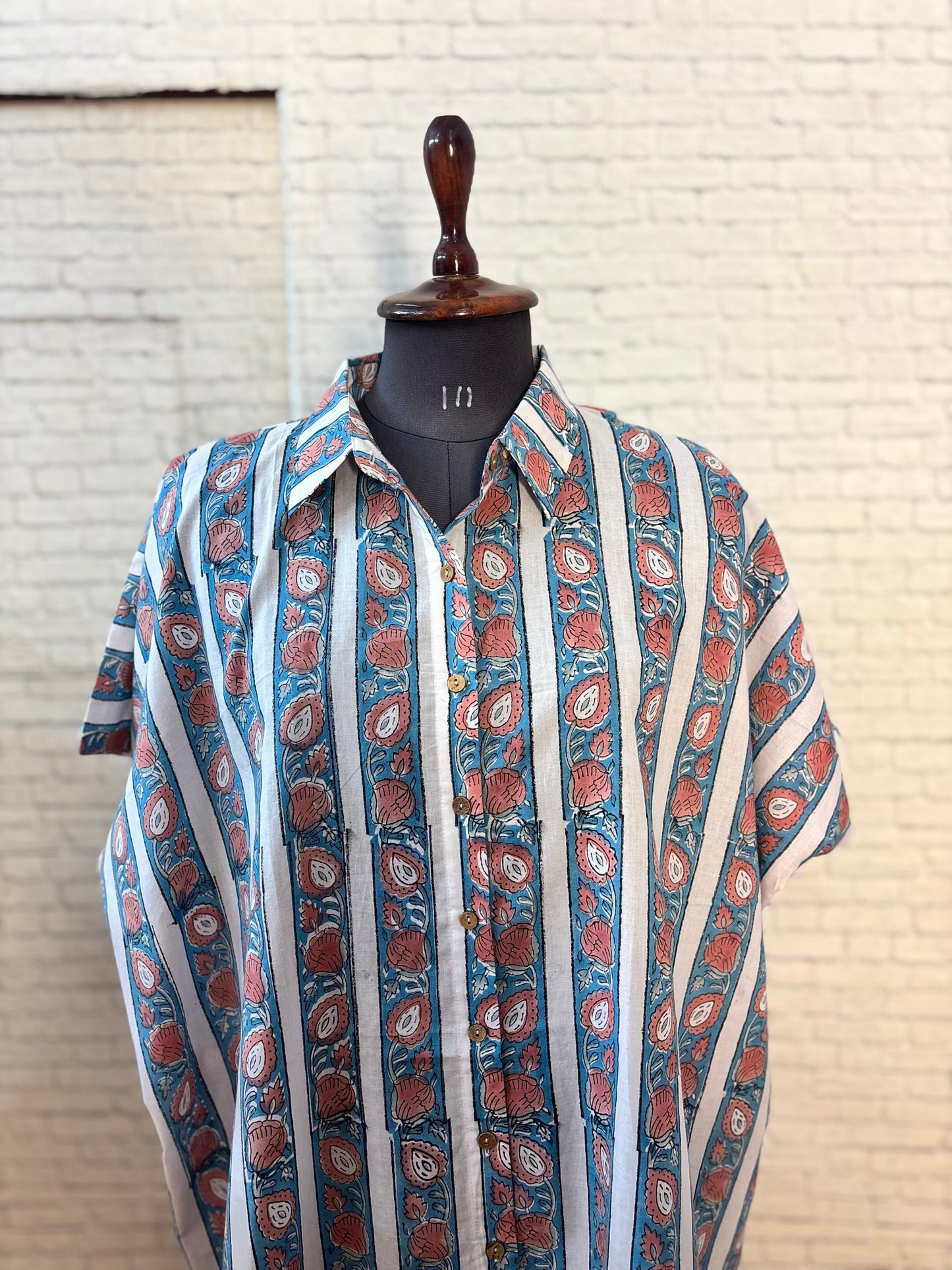 Blue Coral Cotton Hand Block Printed High-Low Shirt Kaftan