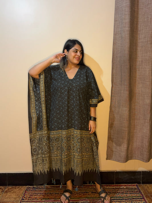 Black Olive Green Ajrakh Long Kaftan with Gather and Tassels
