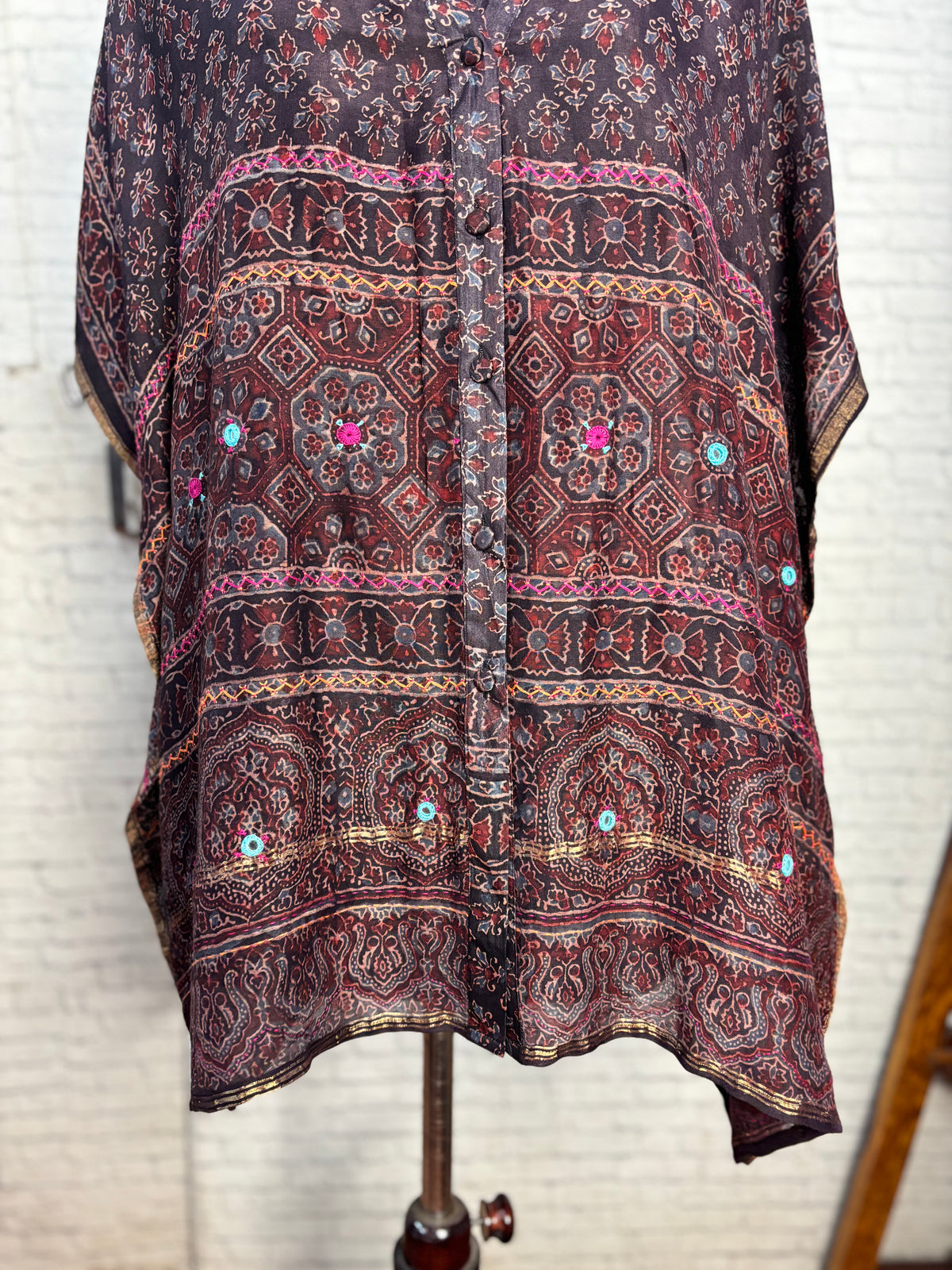 Black Ajrakh Chanderi Shirt Kaftan with Hand Embroidery