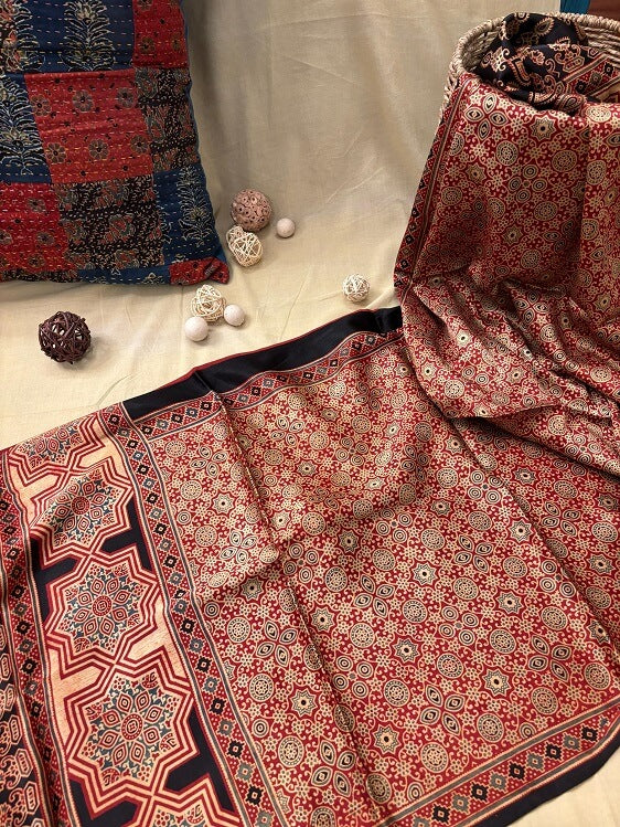 Red Ajrakh Hand Block Printed Mashru Silk Stole