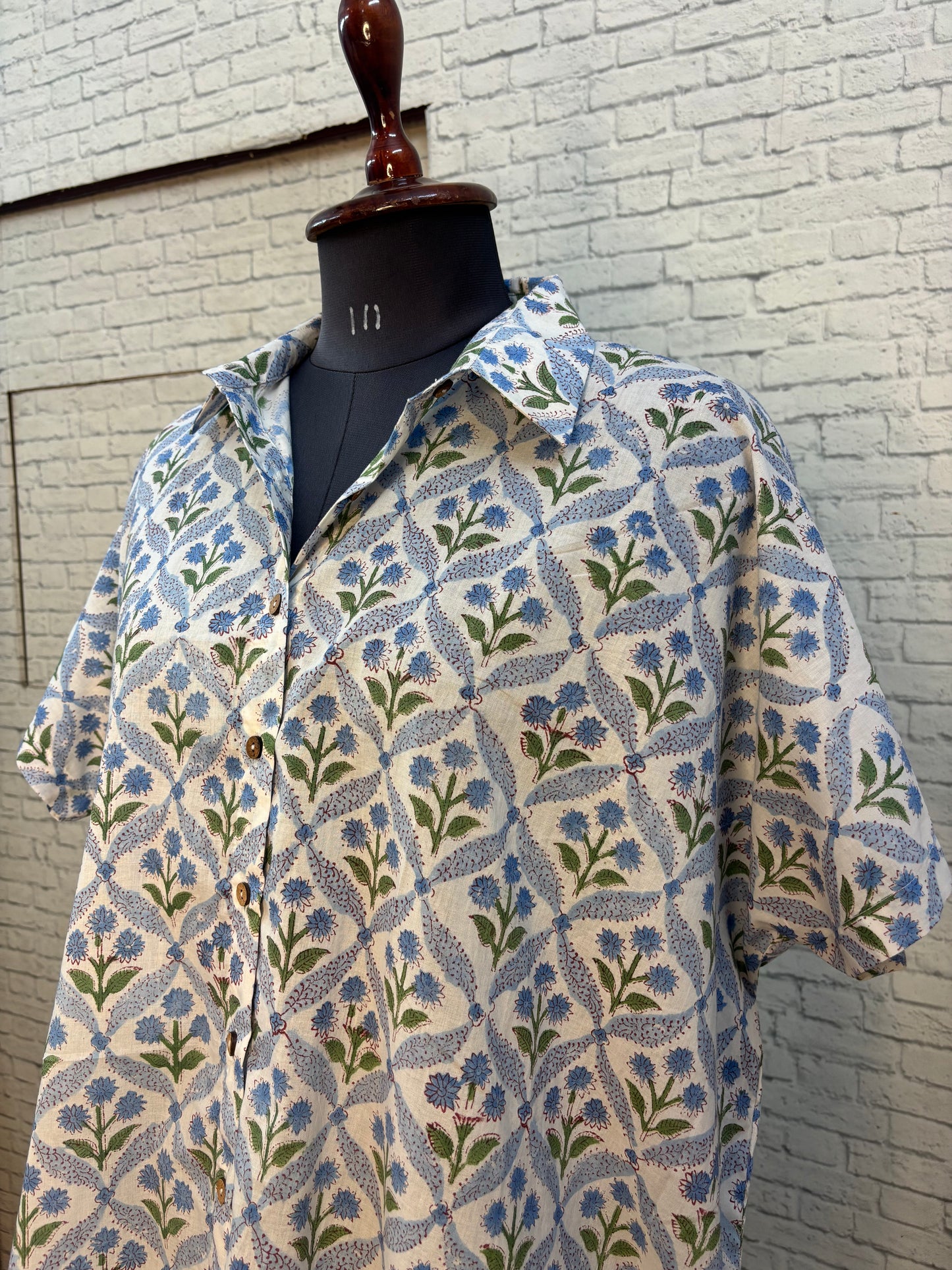 White Mughal Hand Block Printed Cotton High Low Shirt Kaftan