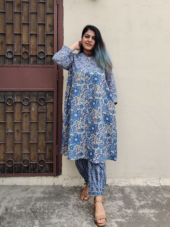 Aahna Hand Block Printed Cotton Kurta Set with Afghani Pants