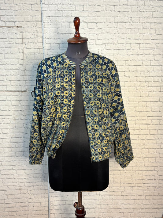 Indigo Green Hand Block Printed Unisex Bomber Jacket