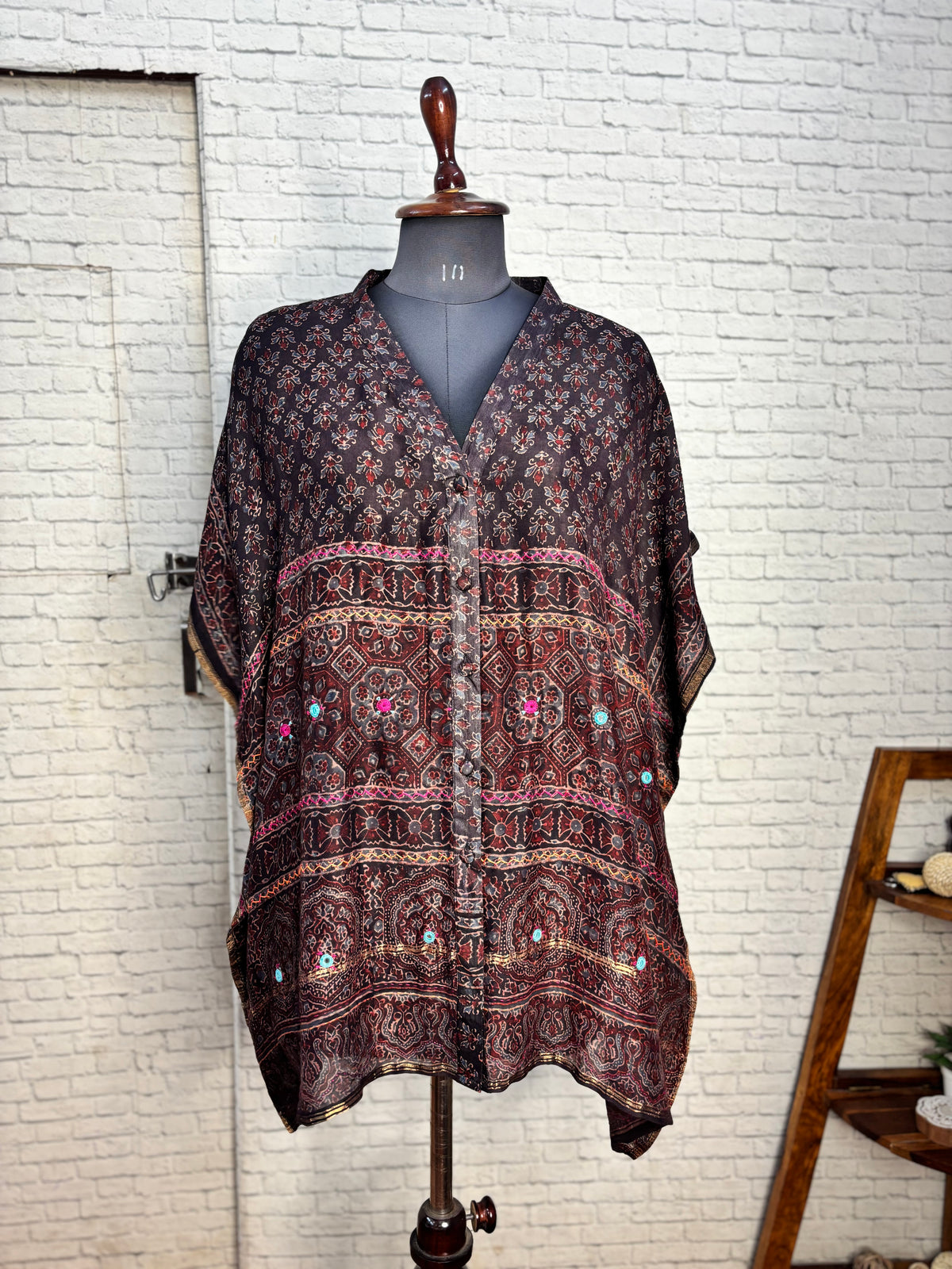 Black Ajrakh Chanderi Shirt Kaftan with Hand Embroidery