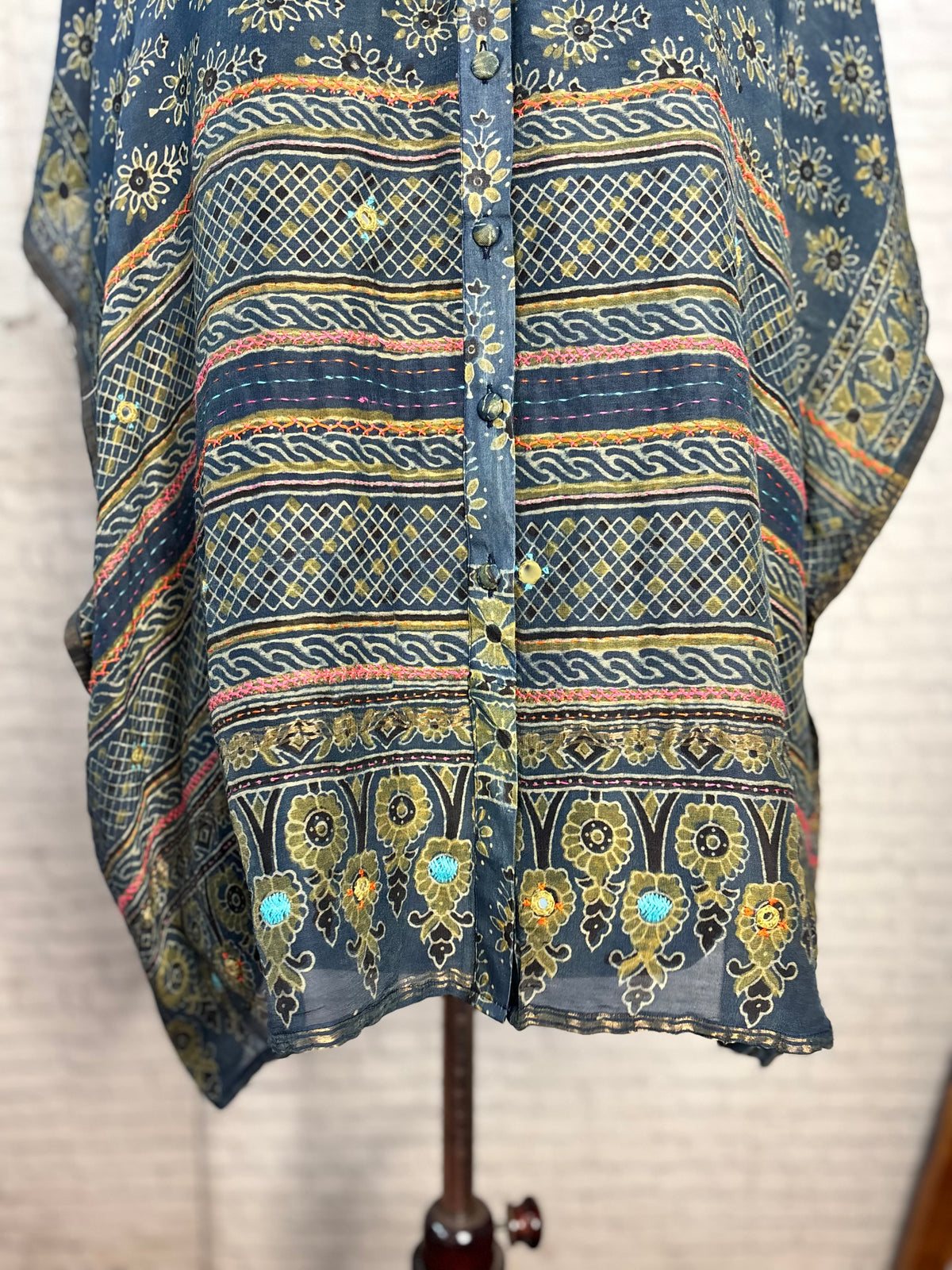 Indigo Green Ajrakh Chanderi Shirt Kaftan with Hand Embroidery