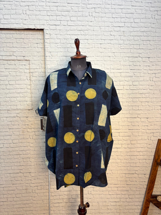 Indigo Green Geometric Cotton High Low Shirt Kaftan