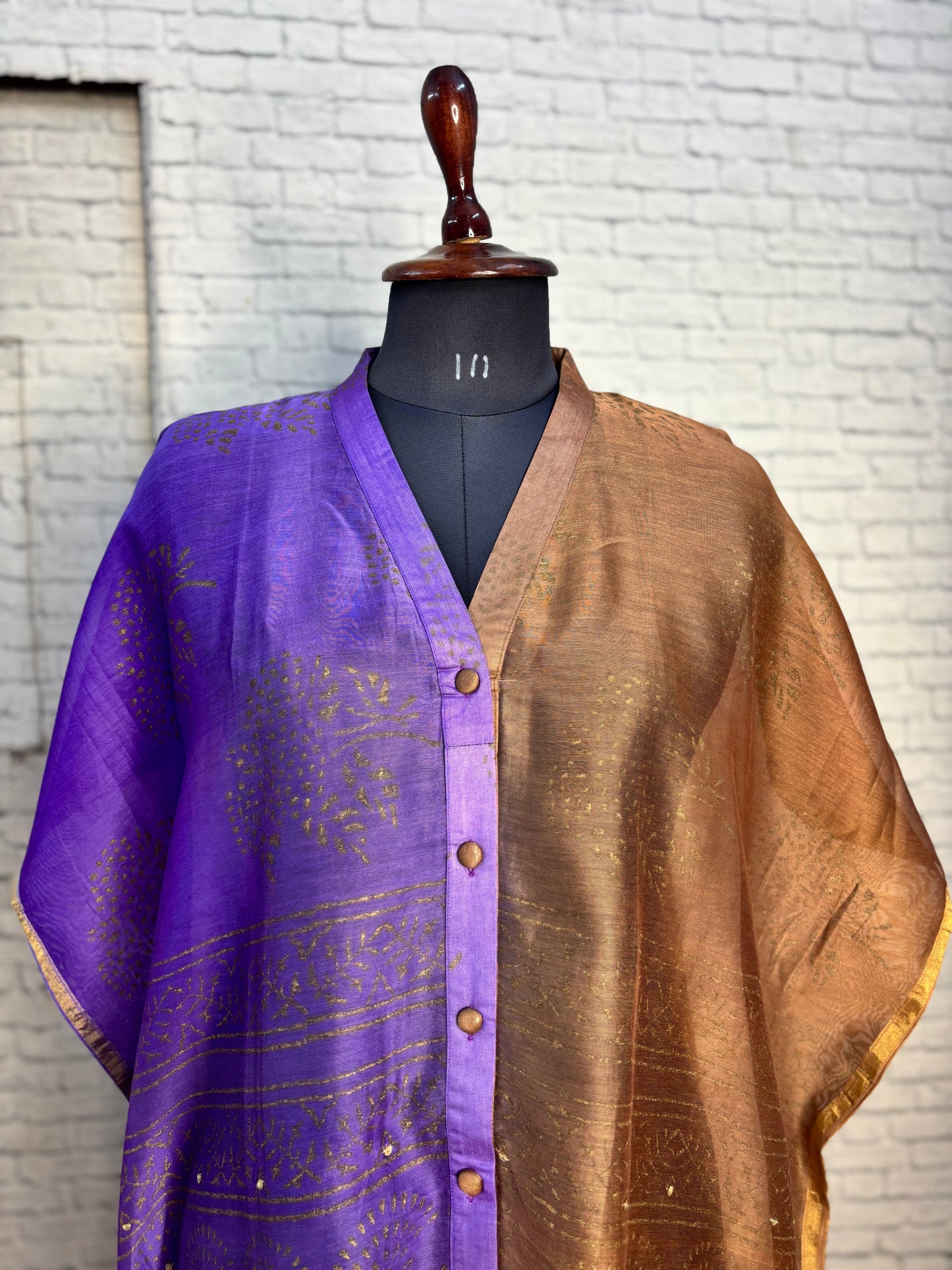 Purple Brown Hand Block Print Chanderi Shirt Kaftan with Sequin Detailing