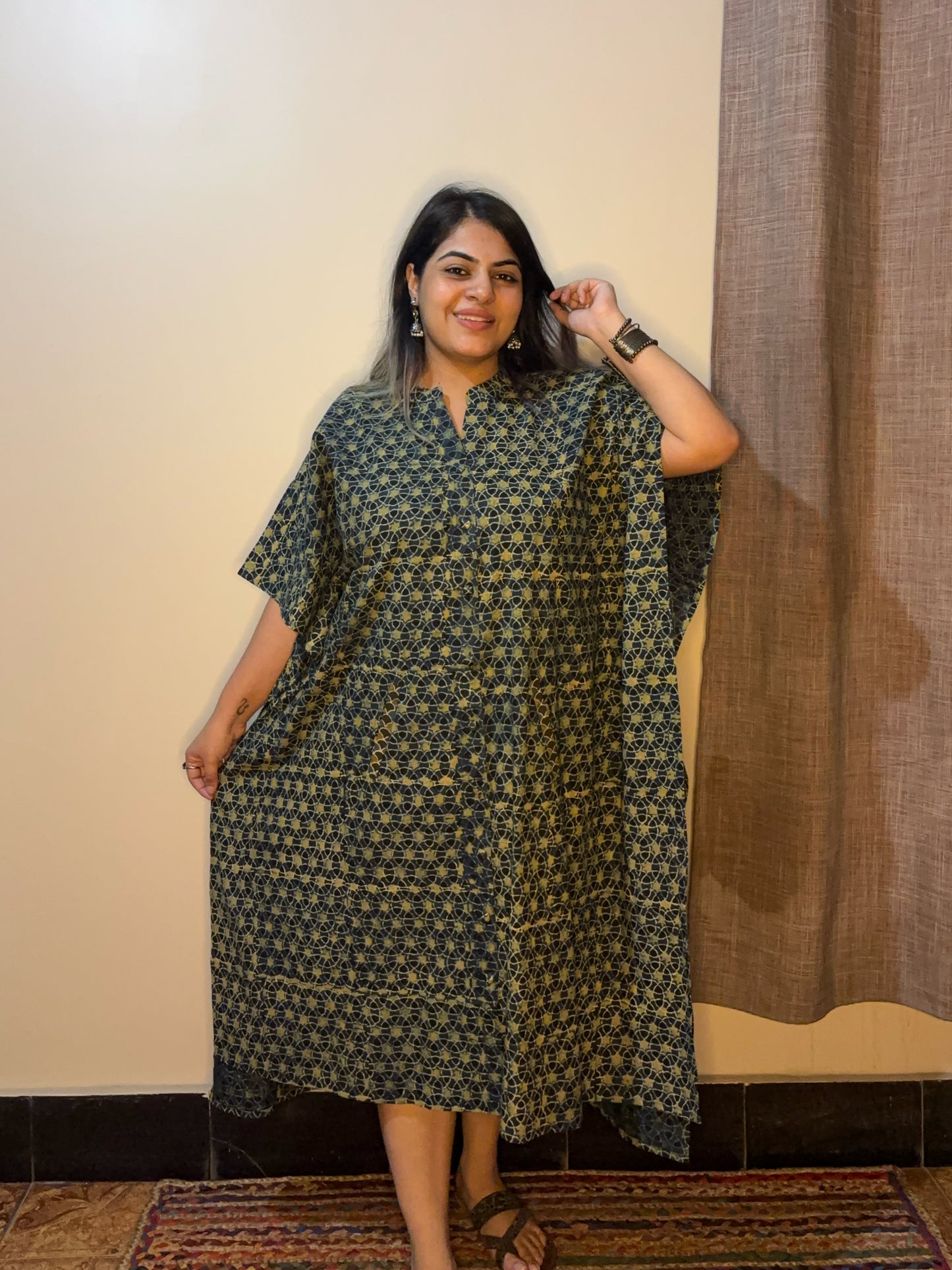 Indigo Green High Low Ajrakh Midi Cotton Shirt Kaftan