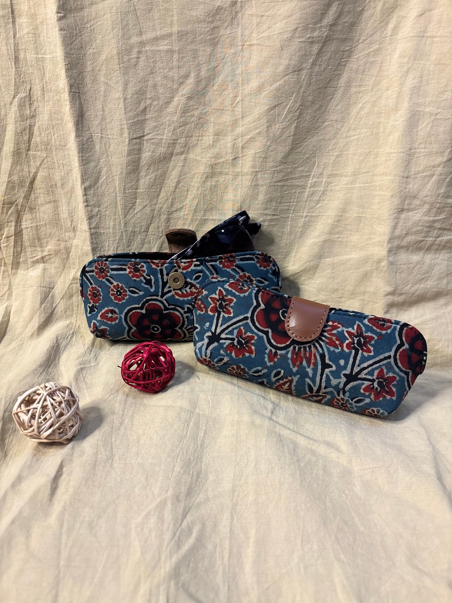 Indigo Red Floral Ajrakh Hand Block Print Eyewear Case