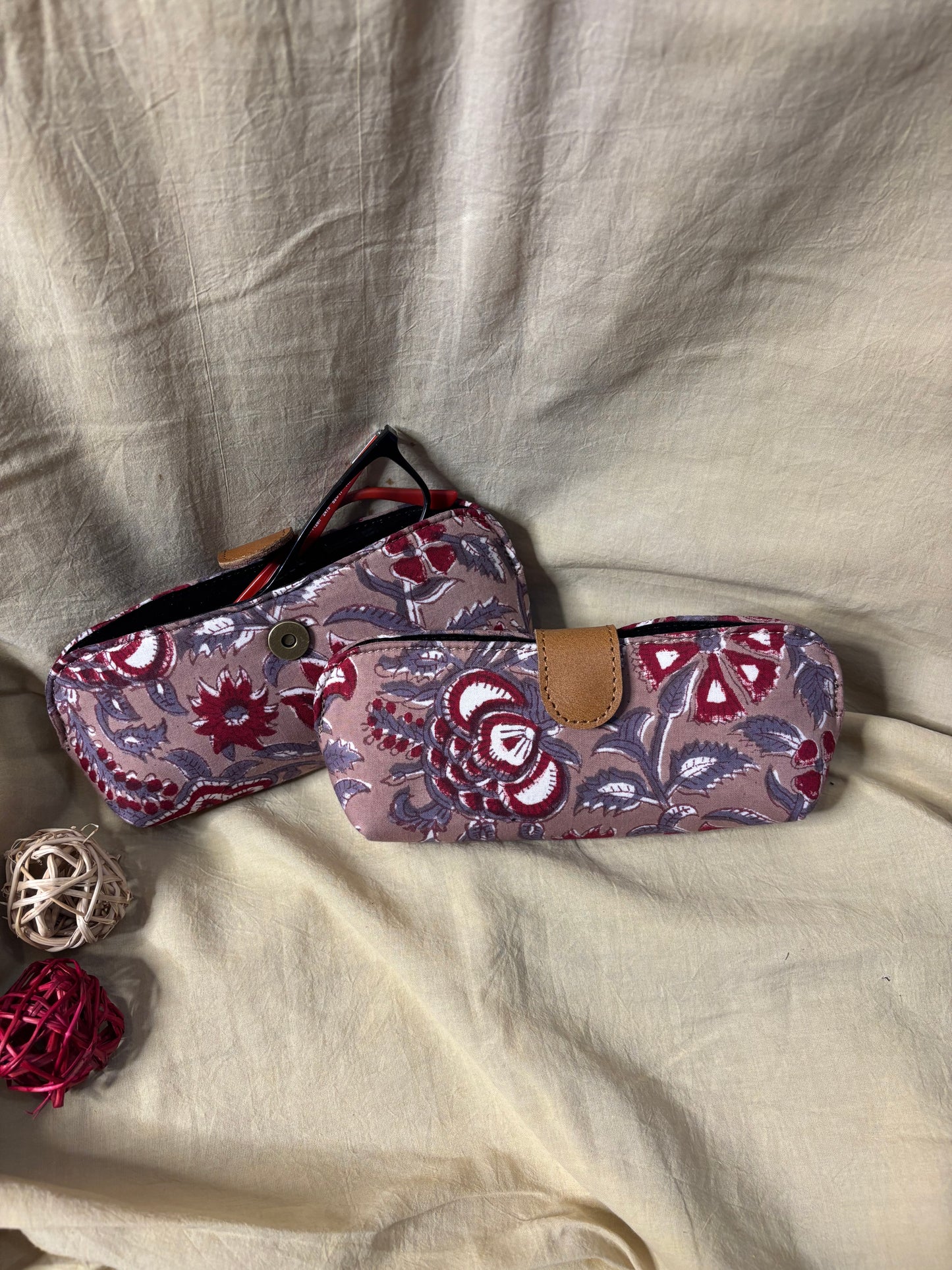 Brown Red Hand Block Print Eyewear Case