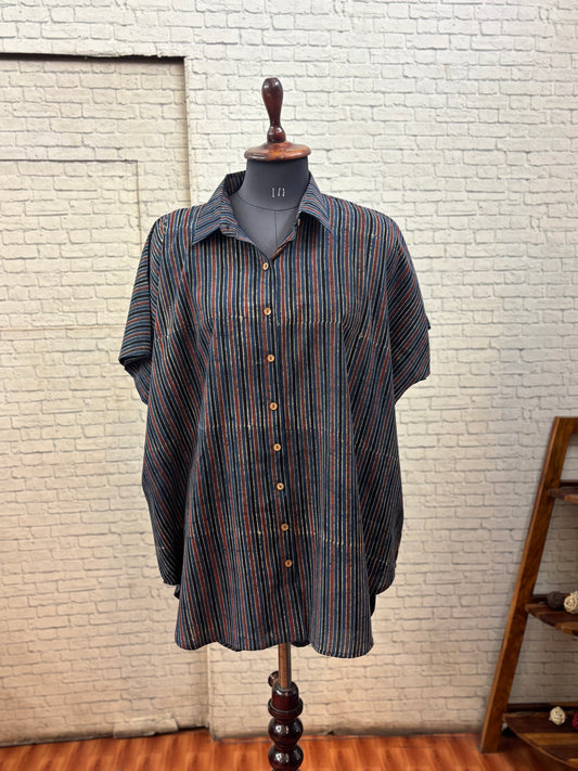 Indigo Red Stripes Ajrakh Cotton High Low Shirt Kaftan