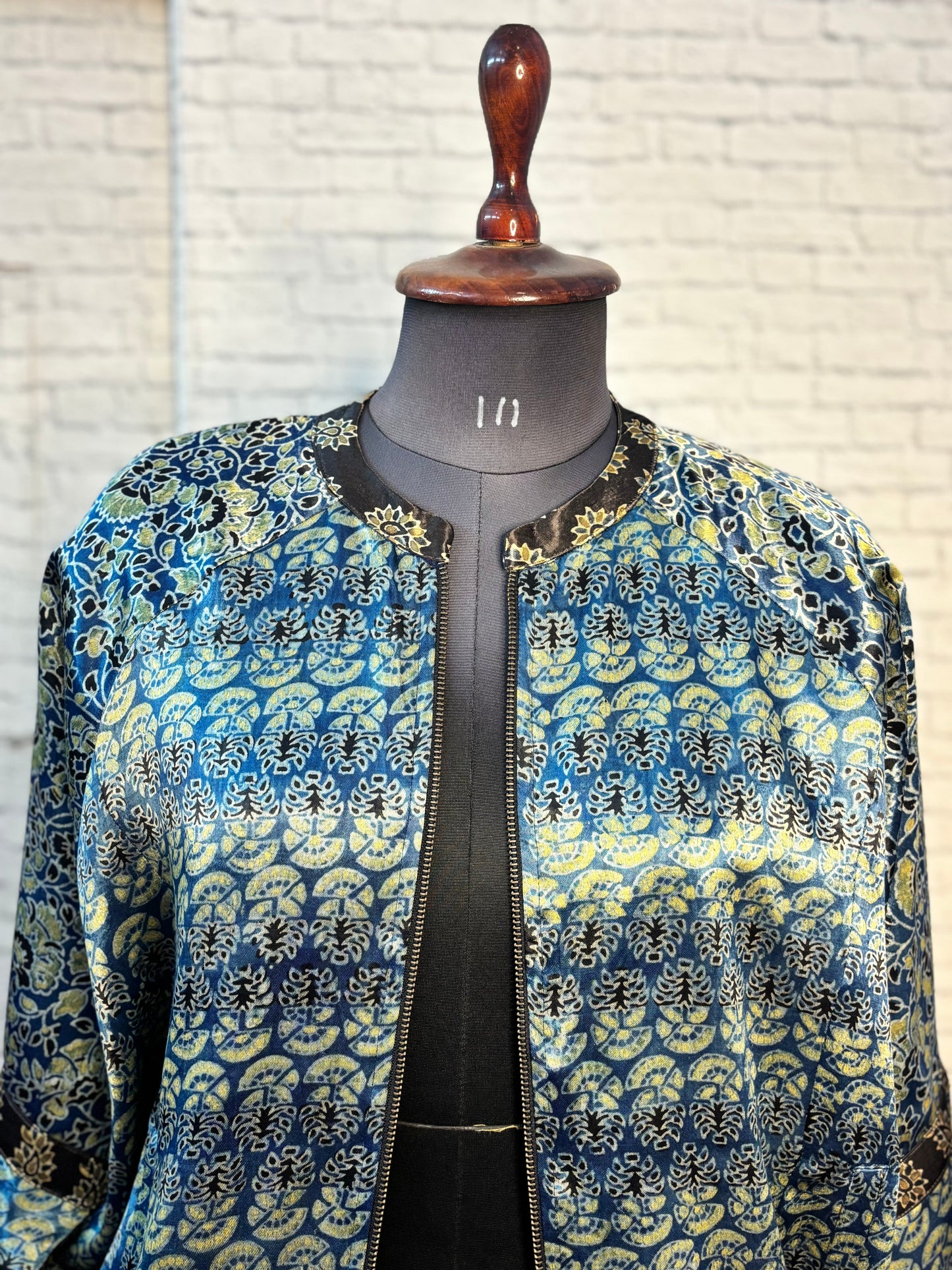 Indigo Green Mashru Silk Ajrakh Unisex Bomber Jacket